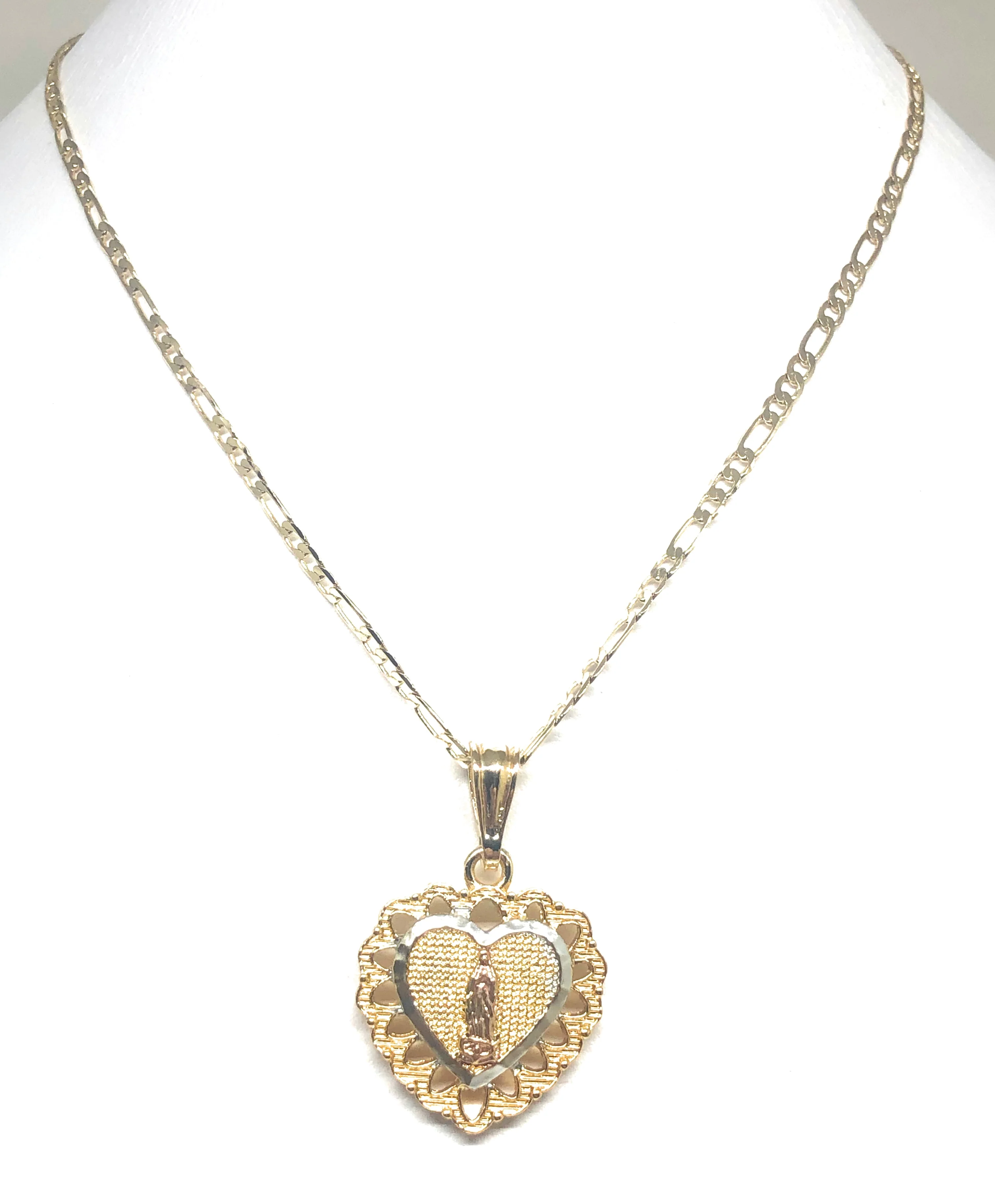 Gold Plated Tri-Color Virgin Mary Heart Pendant Necklace Figaro 24" Virgen de Guadalupe Medalla - Image 4