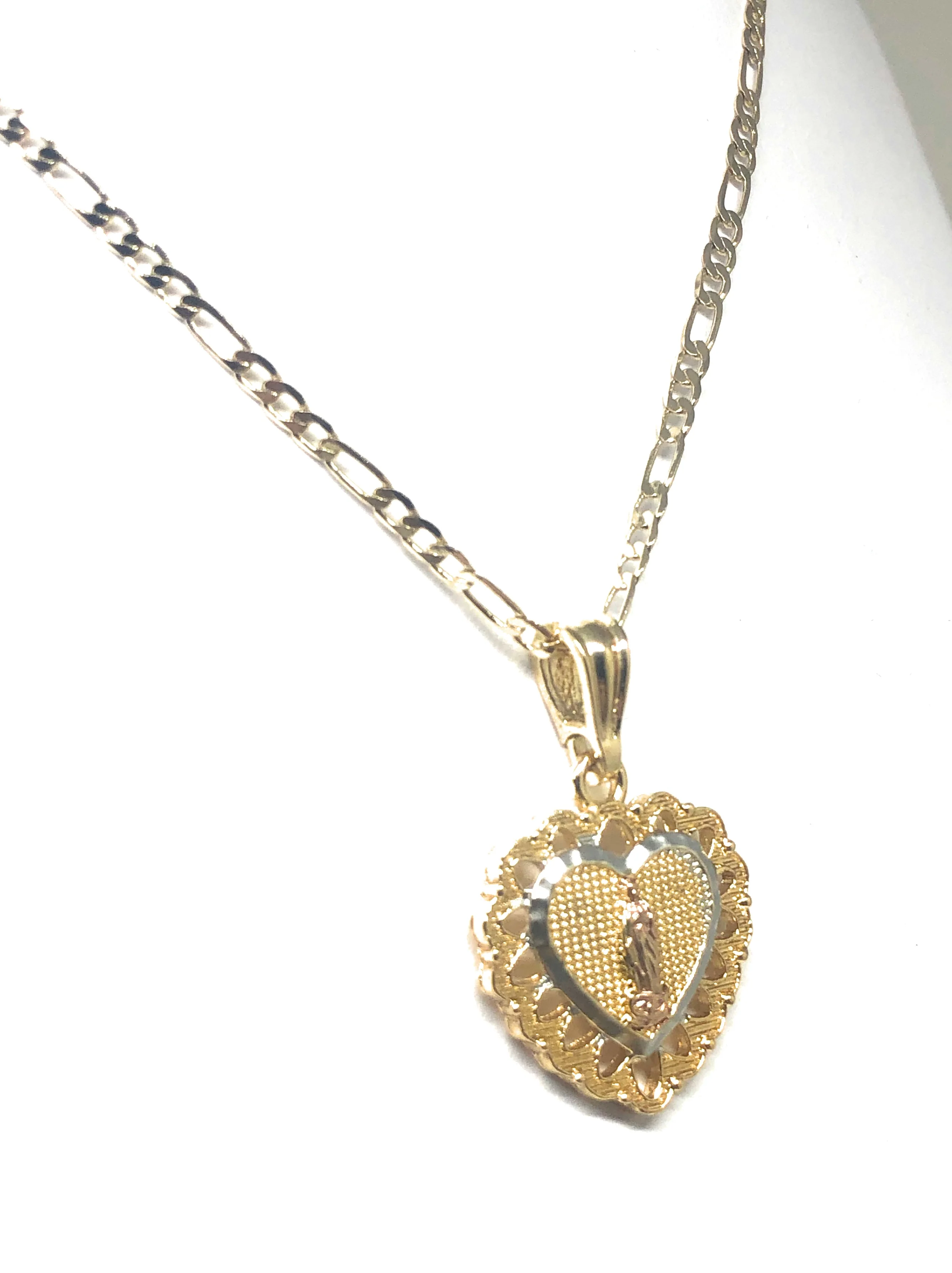 Gold Plated Tri-Color Virgin Mary Heart Pendant Necklace Figaro 24" Virgen de Guadalupe Medalla - Image 5