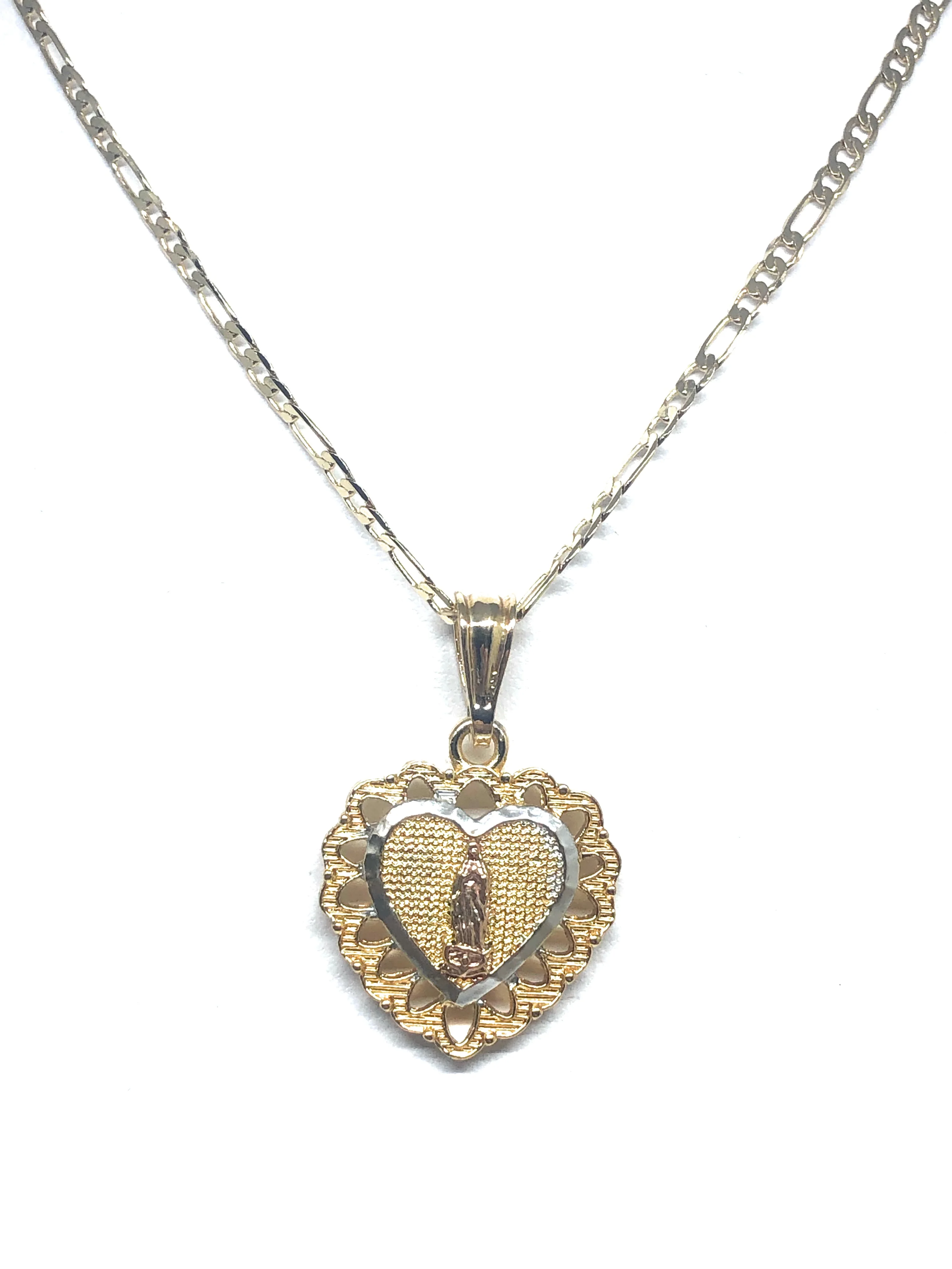 Gold Plated Tri-Color Virgin Mary Heart Pendant Necklace Figaro 24" Virgen de Guadalupe Medalla - Image 6