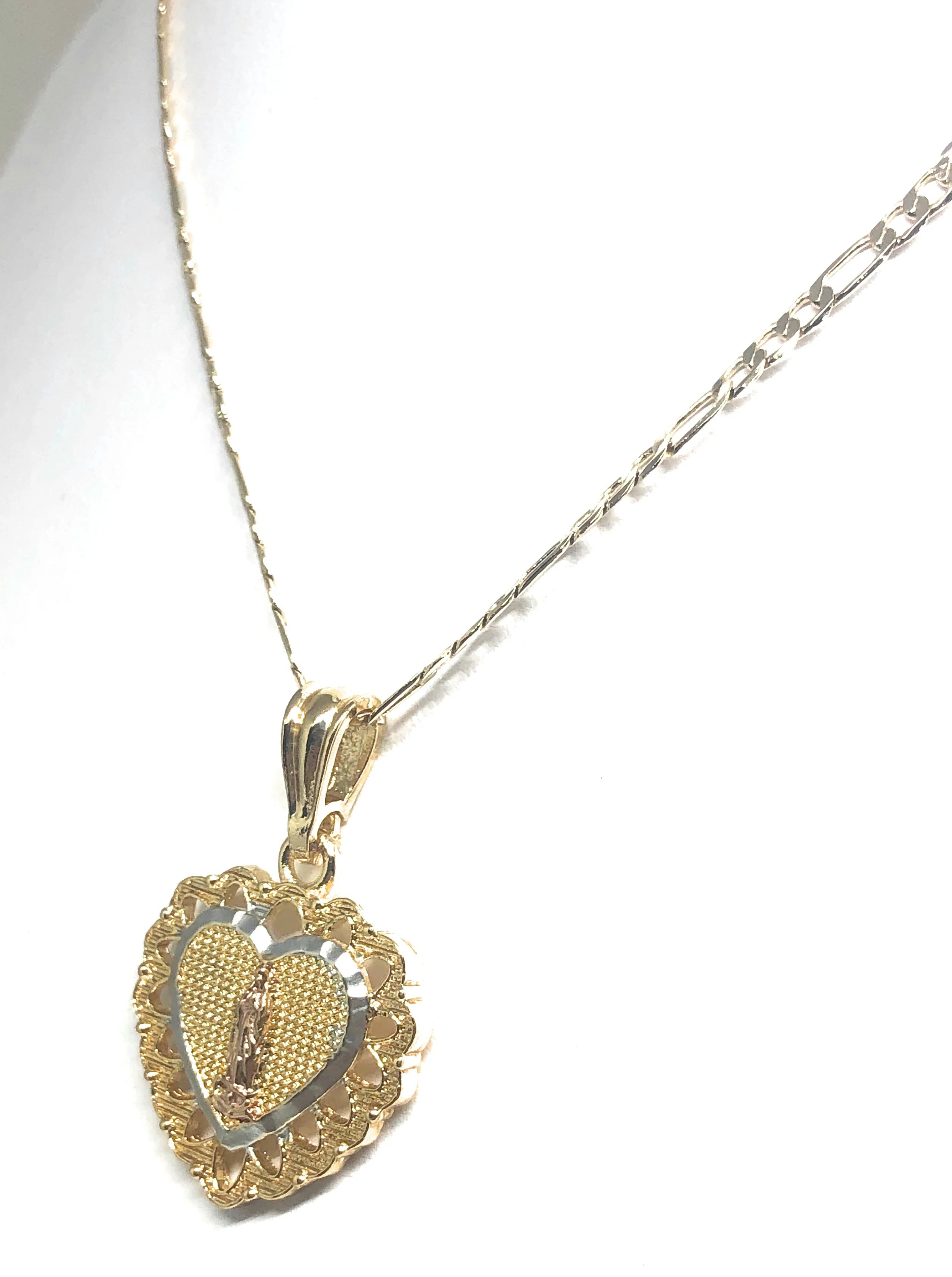 Gold Plated Tri-Color Virgin Mary Heart Pendant Necklace Figaro 24" Virgen de Guadalupe Medalla - Image 7