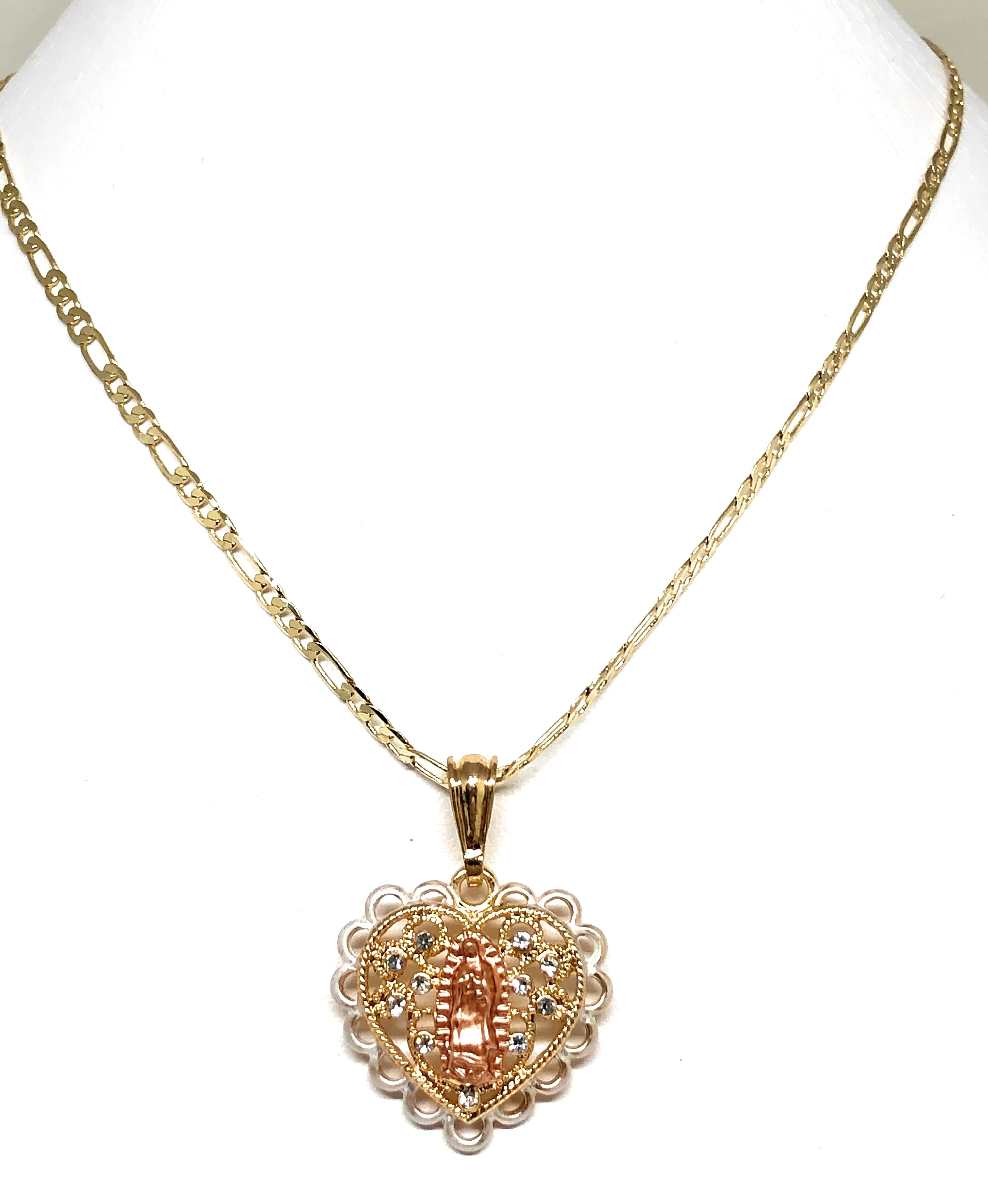Gold Plated Tri-Color Virgin Mary Heart Pendant Necklace Figaro 24" Virgen de Guadalupe Medalla - Image 6