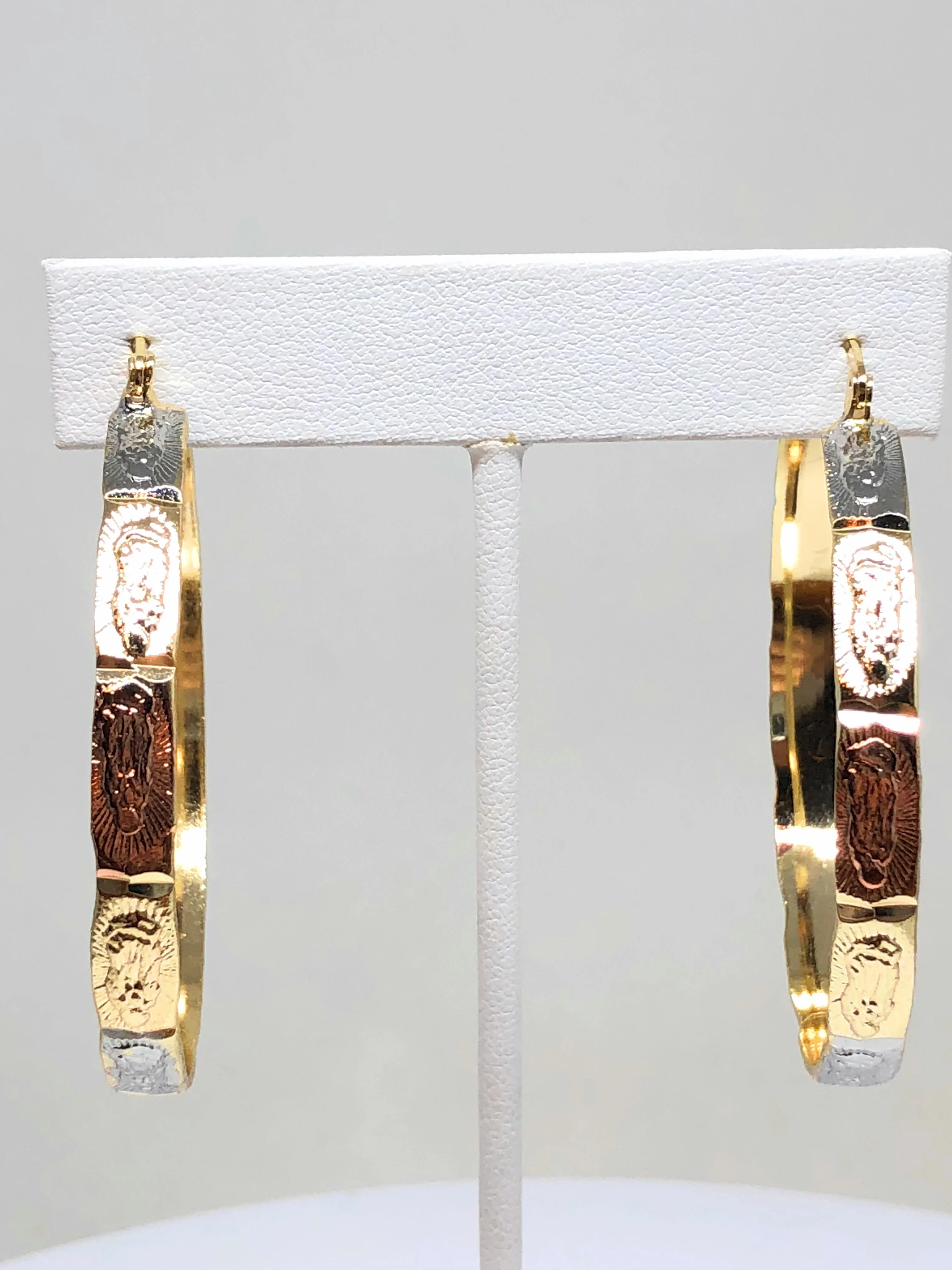 Gold Plated Tri-Color Virgin Mary Hoop Earrings Aretes Arracada Tres Colores - Image 4