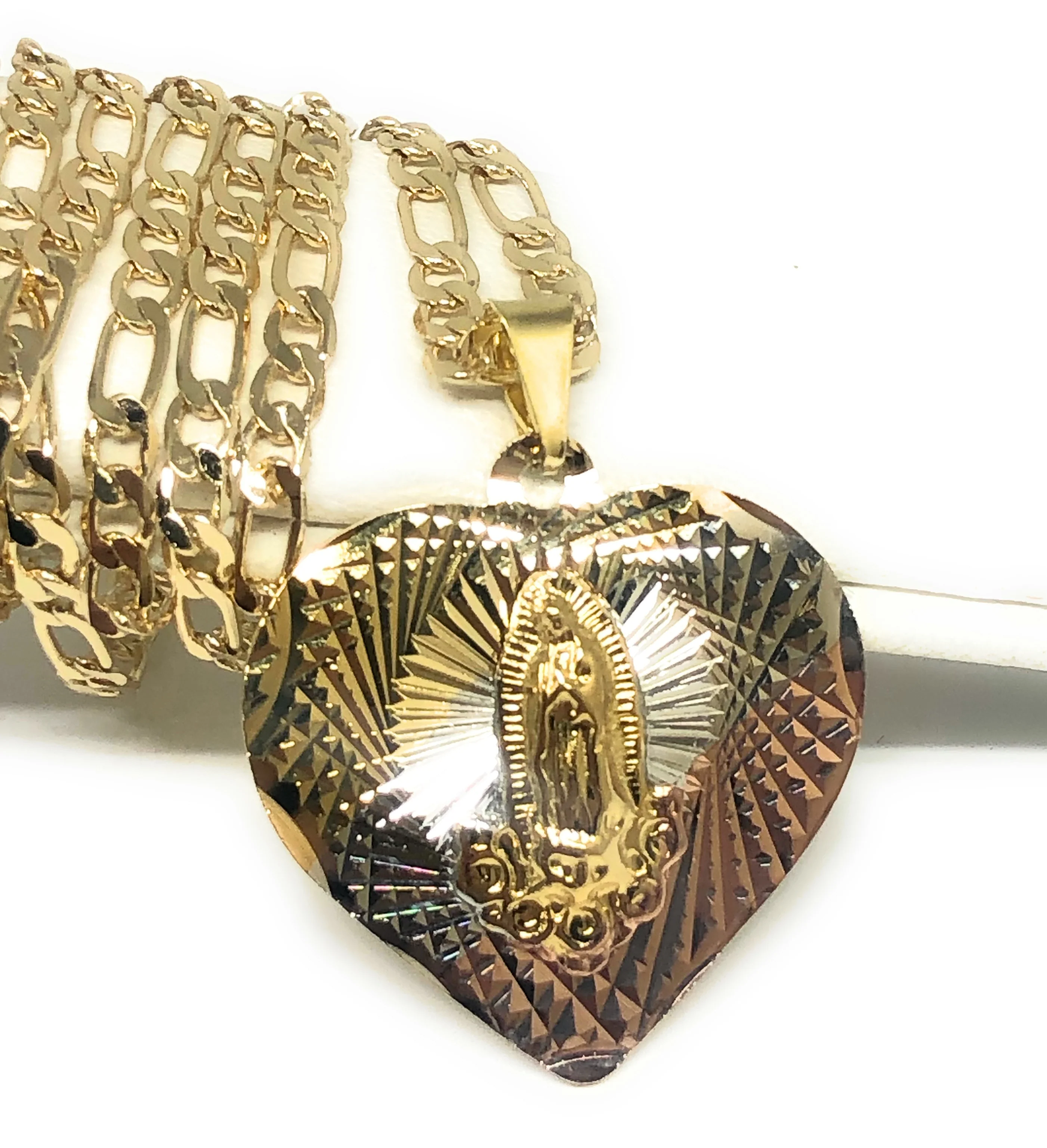 Gold Plated Tri-Color Virgin Mary Laser Cut Heart Pendant Necklace Figaro 24" Virgen de Guadalupe Medalla