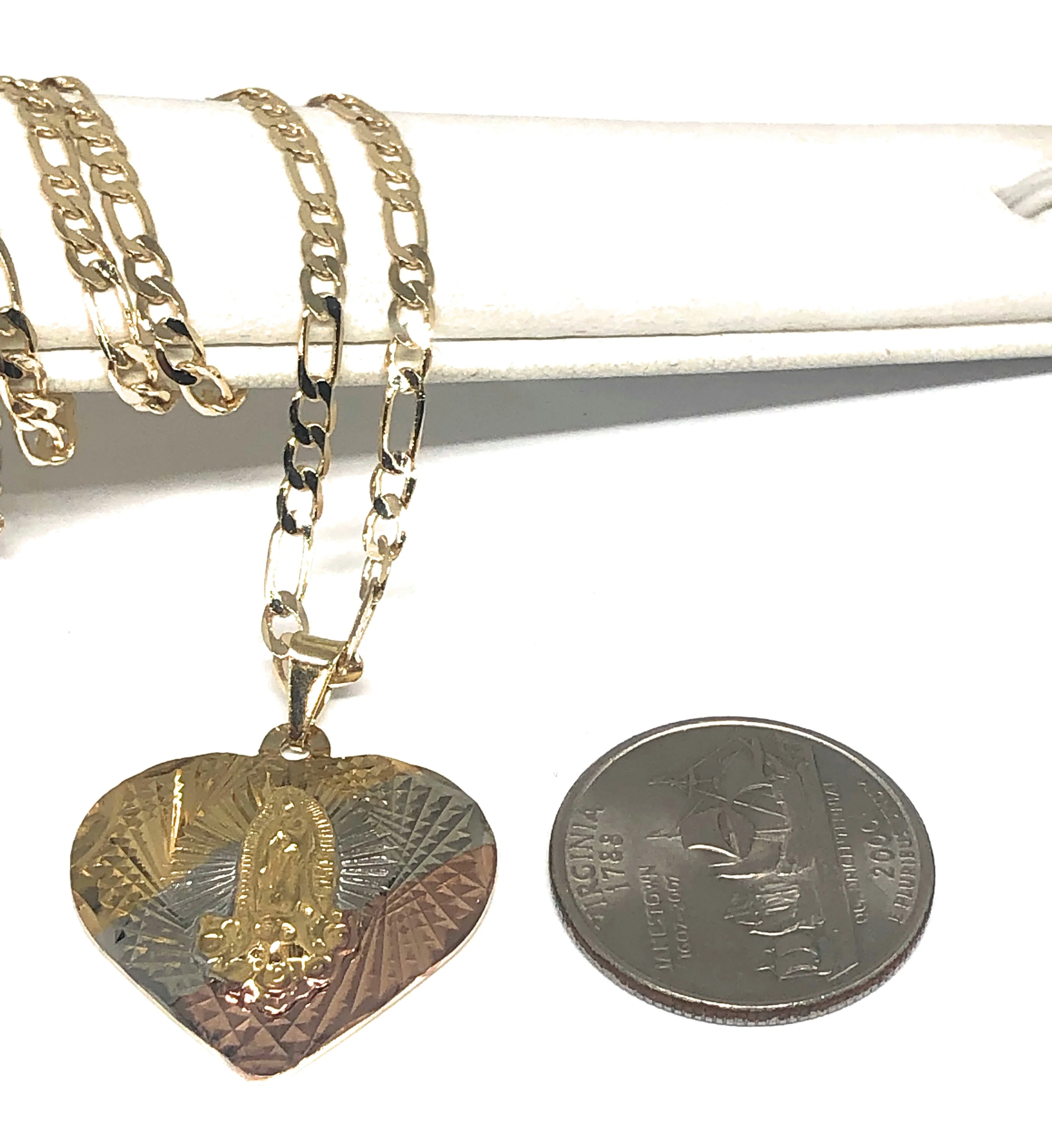 Gold Plated Tri-Color Virgin Mary Laser Cut Heart Pendant Necklace Figaro 24" Virgen de Guadalupe Medalla - Image 2
