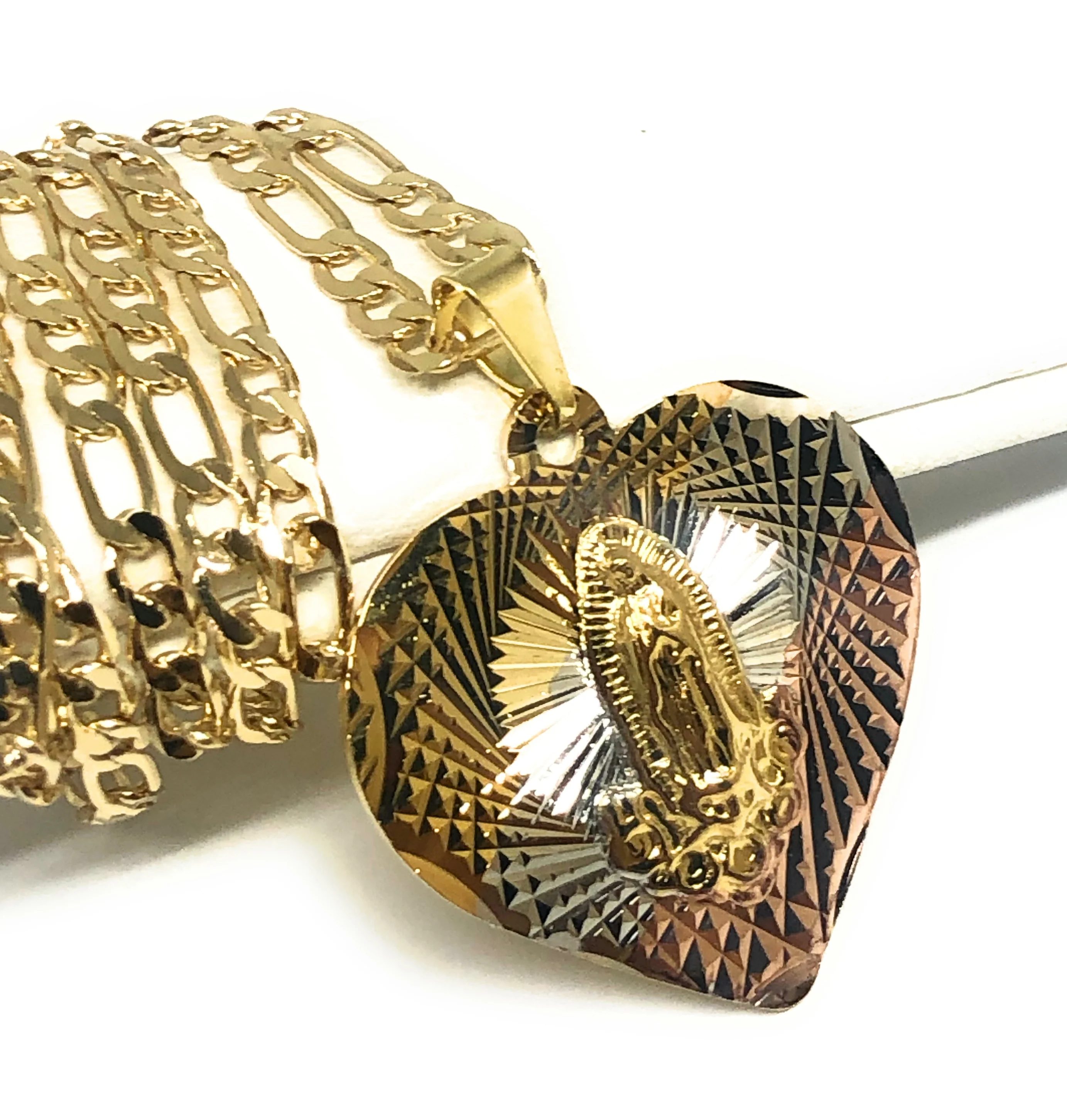 Gold Plated Tri-Color Virgin Mary Laser Cut Heart Pendant Necklace Figaro 24" Virgen de Guadalupe Medalla - Image 3