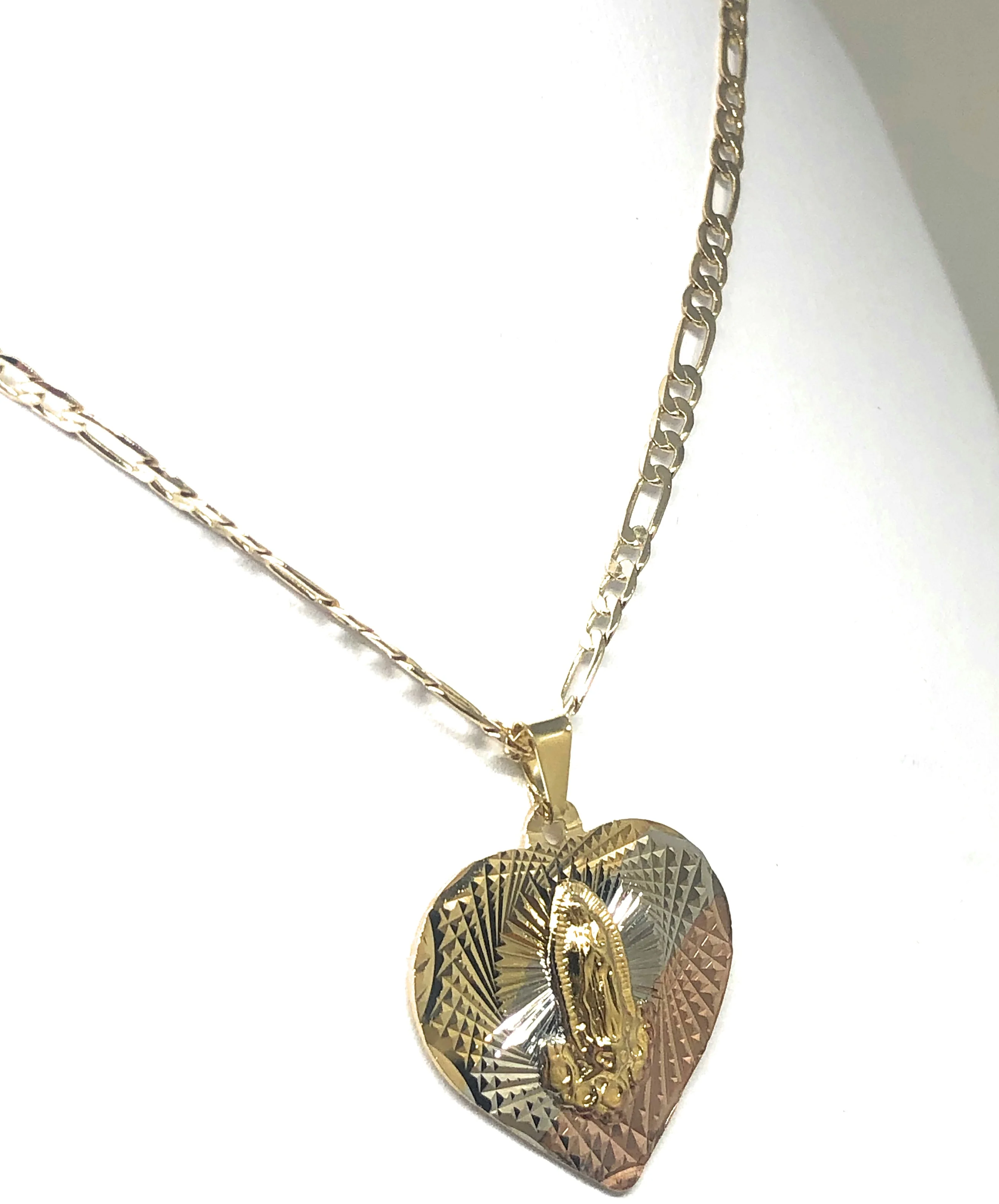 Gold Plated Tri-Color Virgin Mary Laser Cut Heart Pendant Necklace Figaro 24" Virgen de Guadalupe Medalla - Image 4