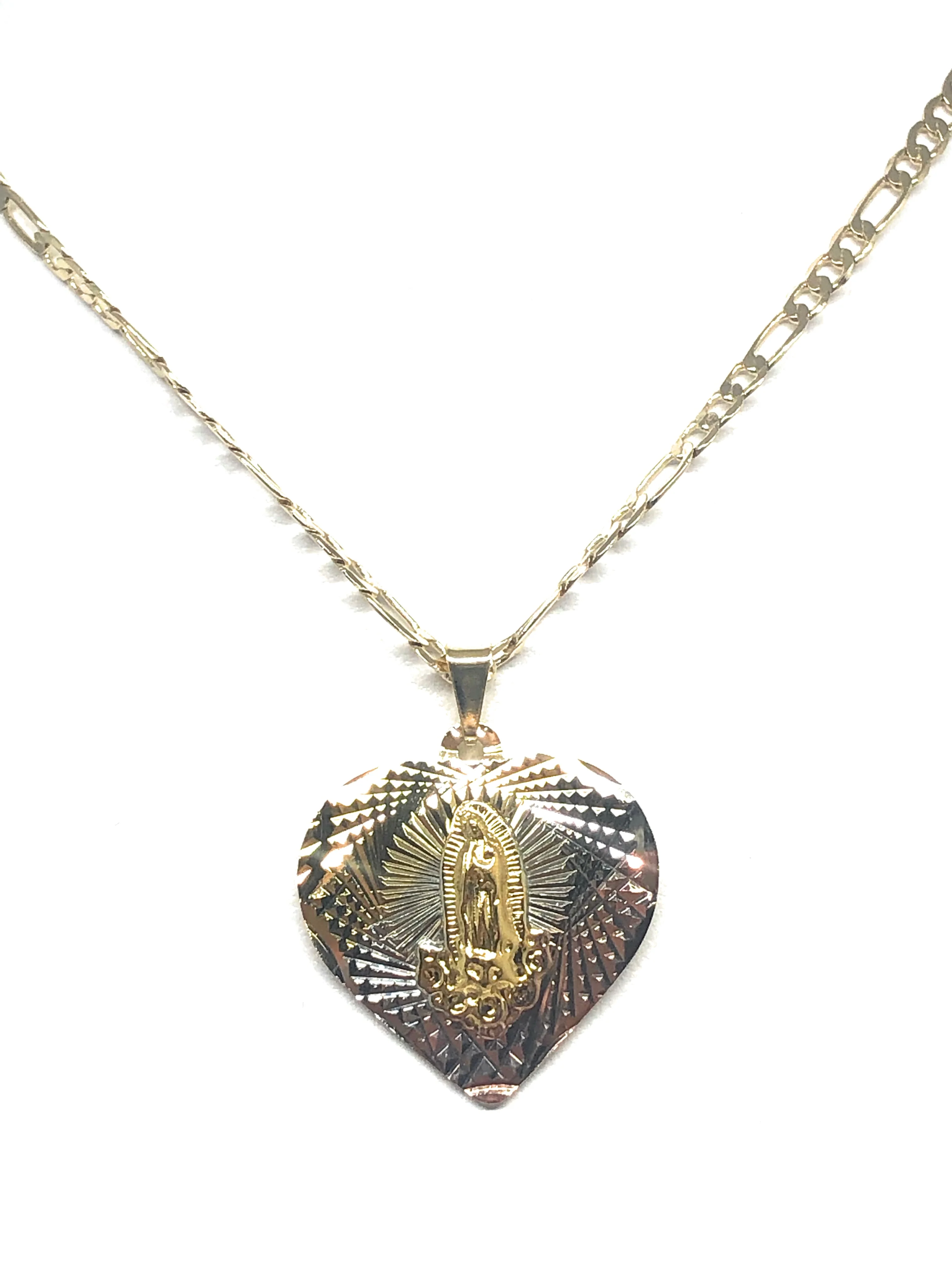 Gold Plated Tri-Color Virgin Mary Laser Cut Heart Pendant Necklace Figaro 24" Virgen de Guadalupe Medalla - Image 5