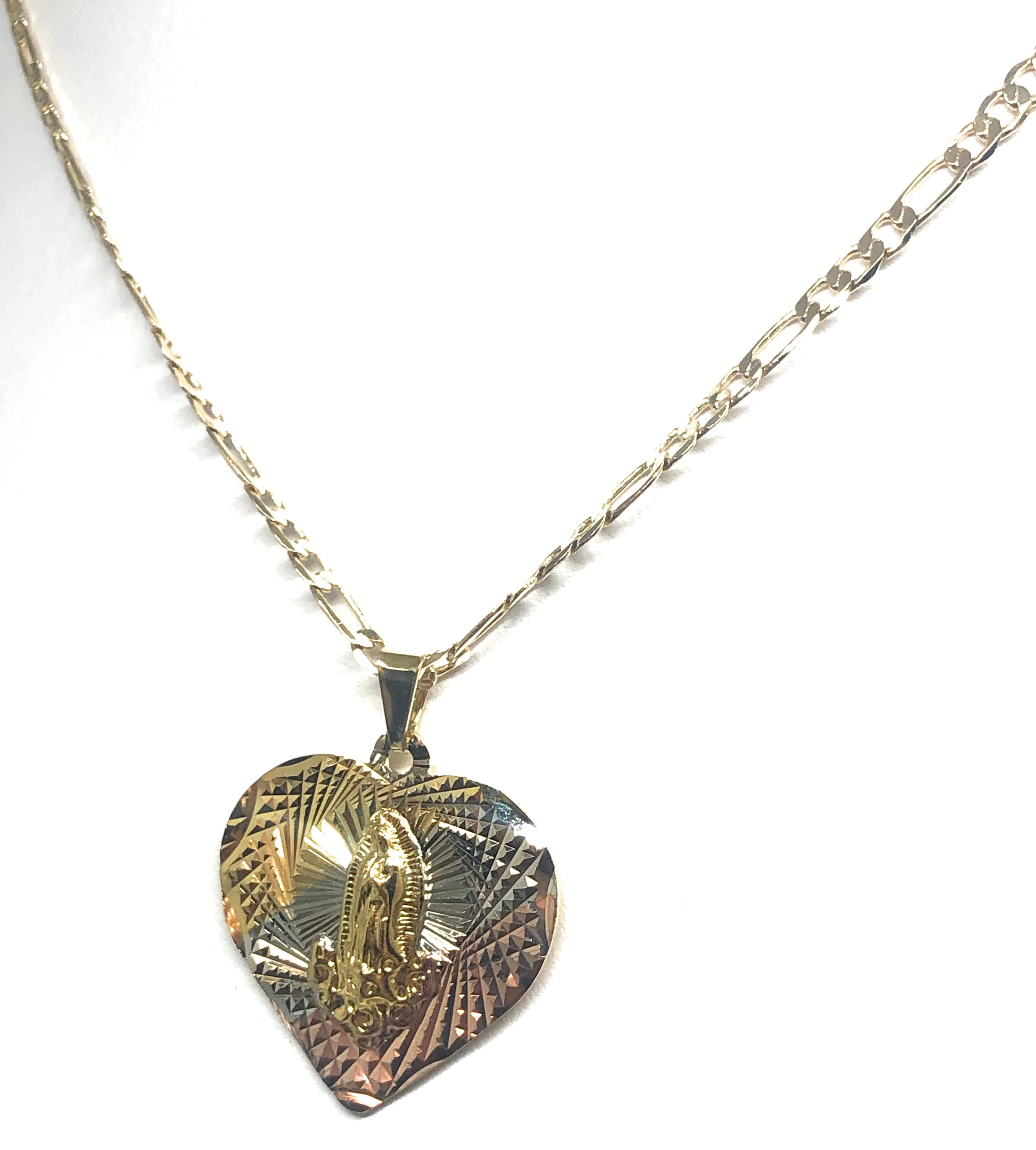Gold Plated Tri-Color Virgin Mary Laser Cut Heart Pendant Necklace Figaro 24" Virgen de Guadalupe Medalla - Image 6