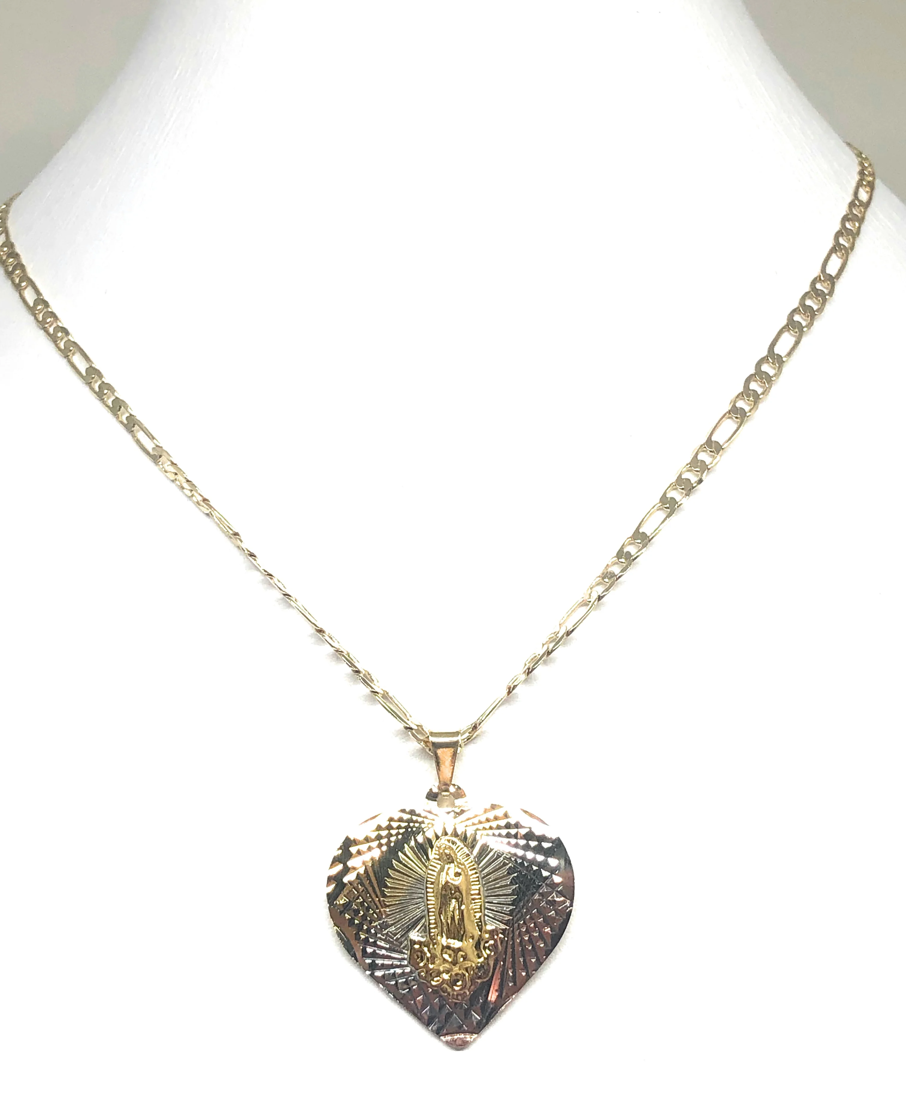 Gold Plated Tri-Color Virgin Mary Laser Cut Heart Pendant Necklace Figaro 24" Virgen de Guadalupe Medalla - Image 7
