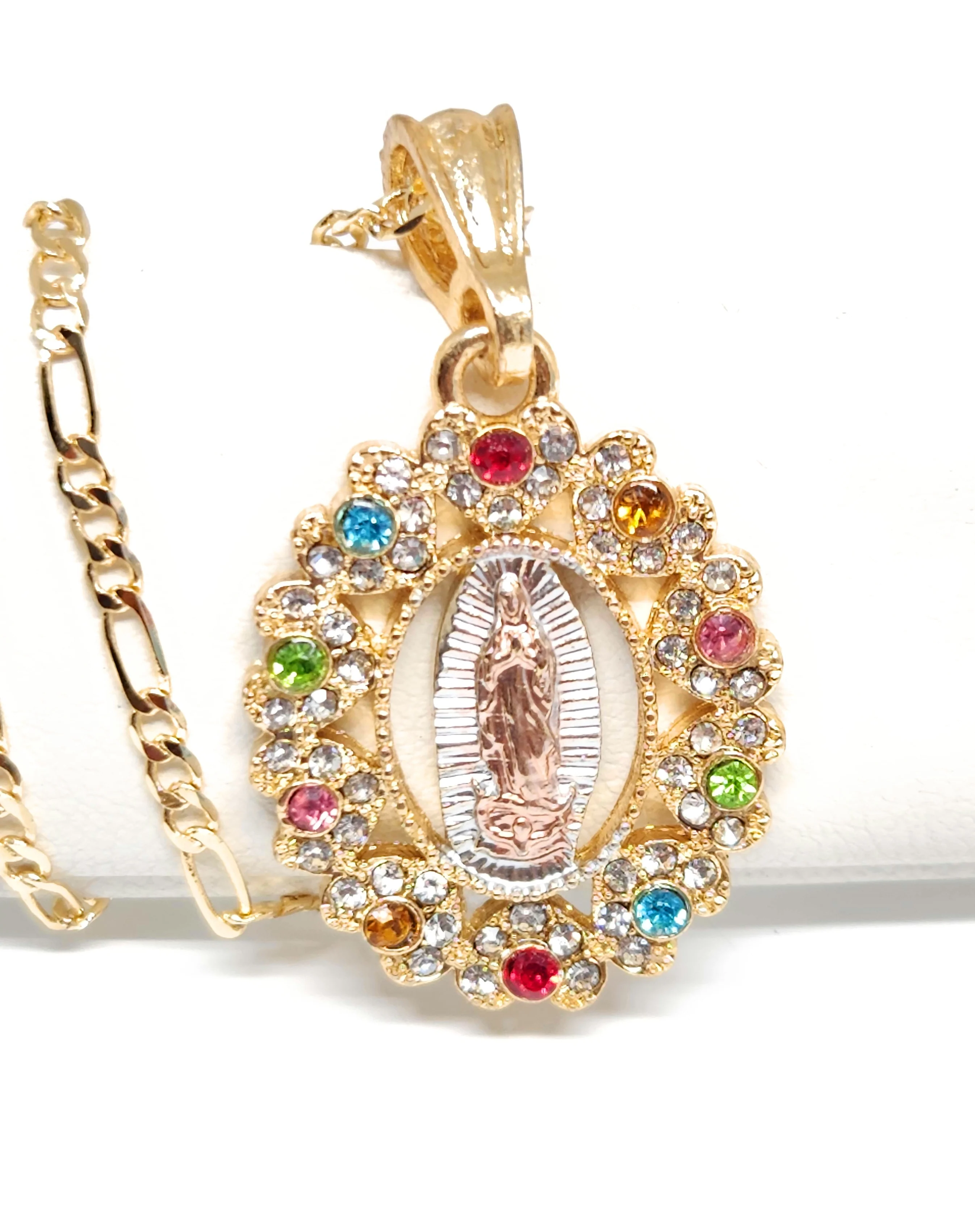 Gold Plated Tri-Color Virgin Mary Oval CZ Elegant Pendant Necklace 24" Virgen Guadalupe - Image 10