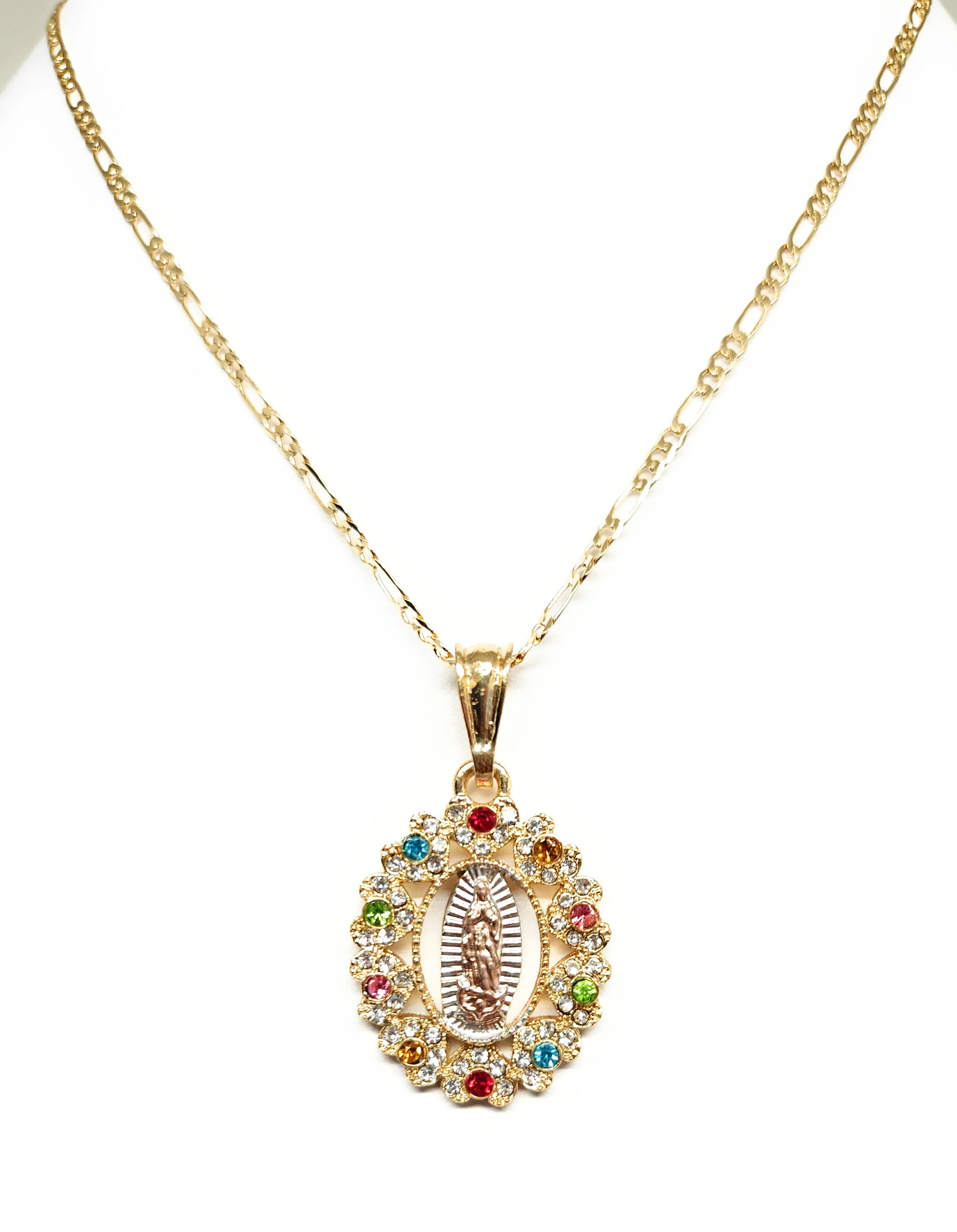 Gold Plated Tri-Color Virgin Mary Oval CZ Elegant Pendant Necklace 24" Virgen Guadalupe - Image 11
