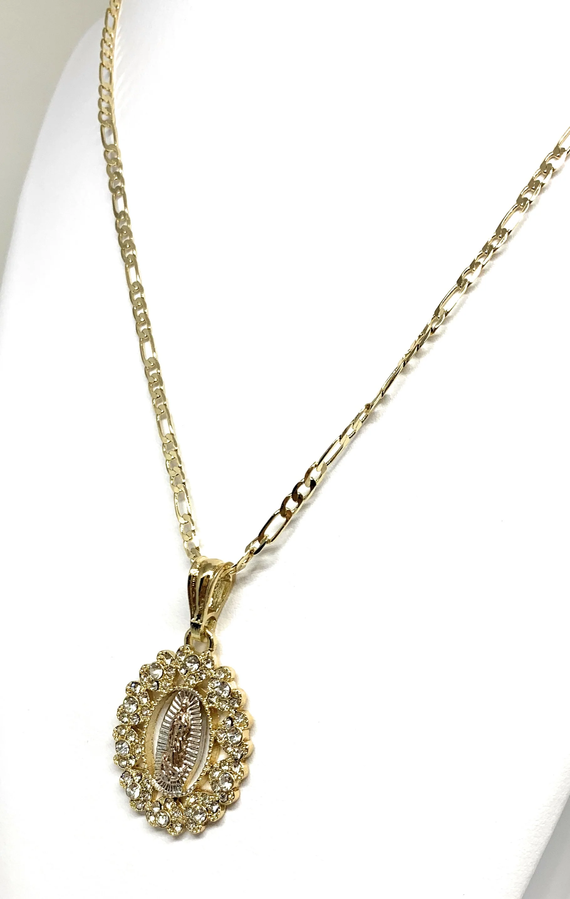 Gold Plated Tri-Color Virgin Mary Oval CZ Elegant Pendant Necklace 24" Virgen Guadalupe - Image 3