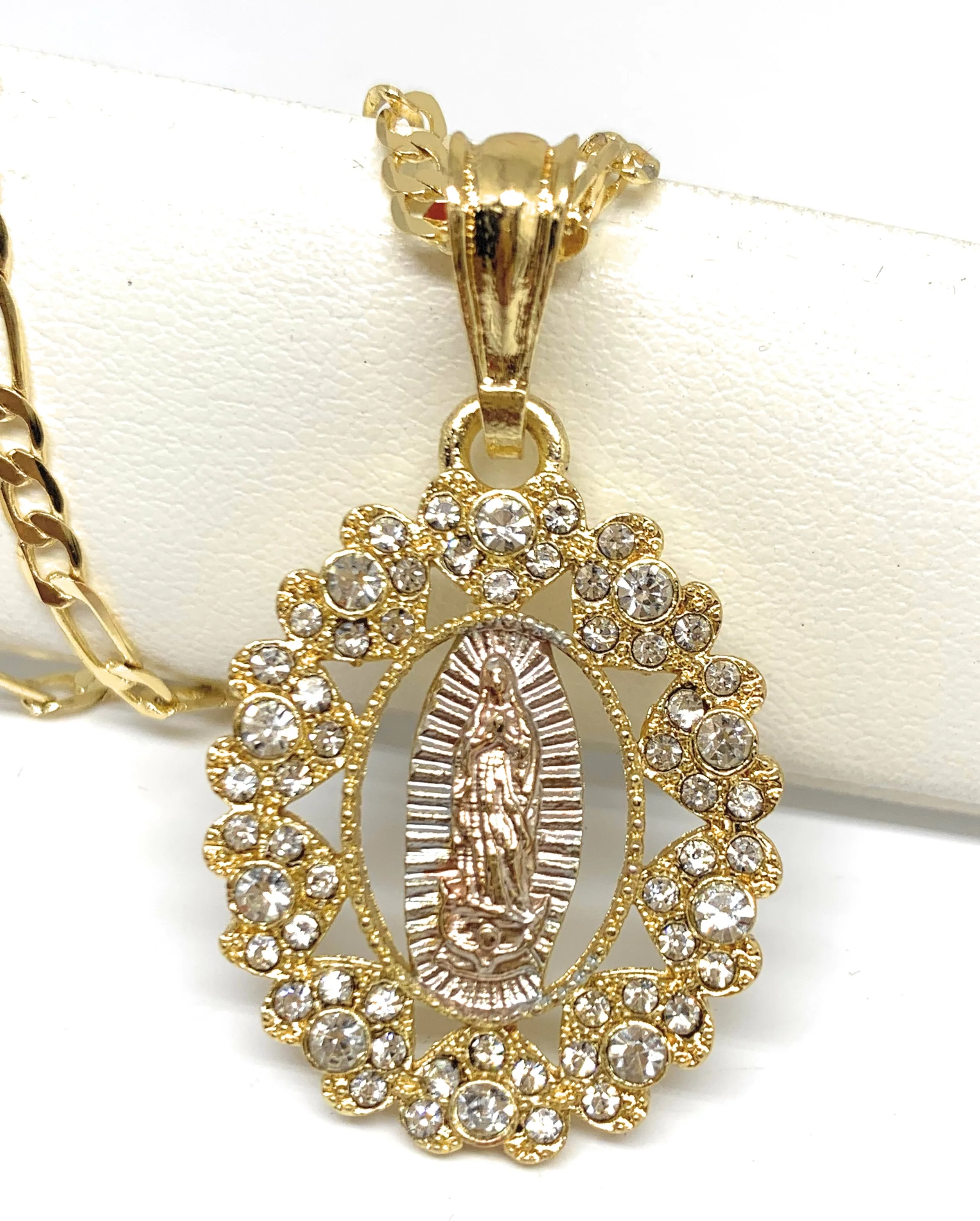 Gold Plated Tri-Color Virgin Mary Oval CZ Elegant Pendant Necklace 24" Virgen Guadalupe - Image 4