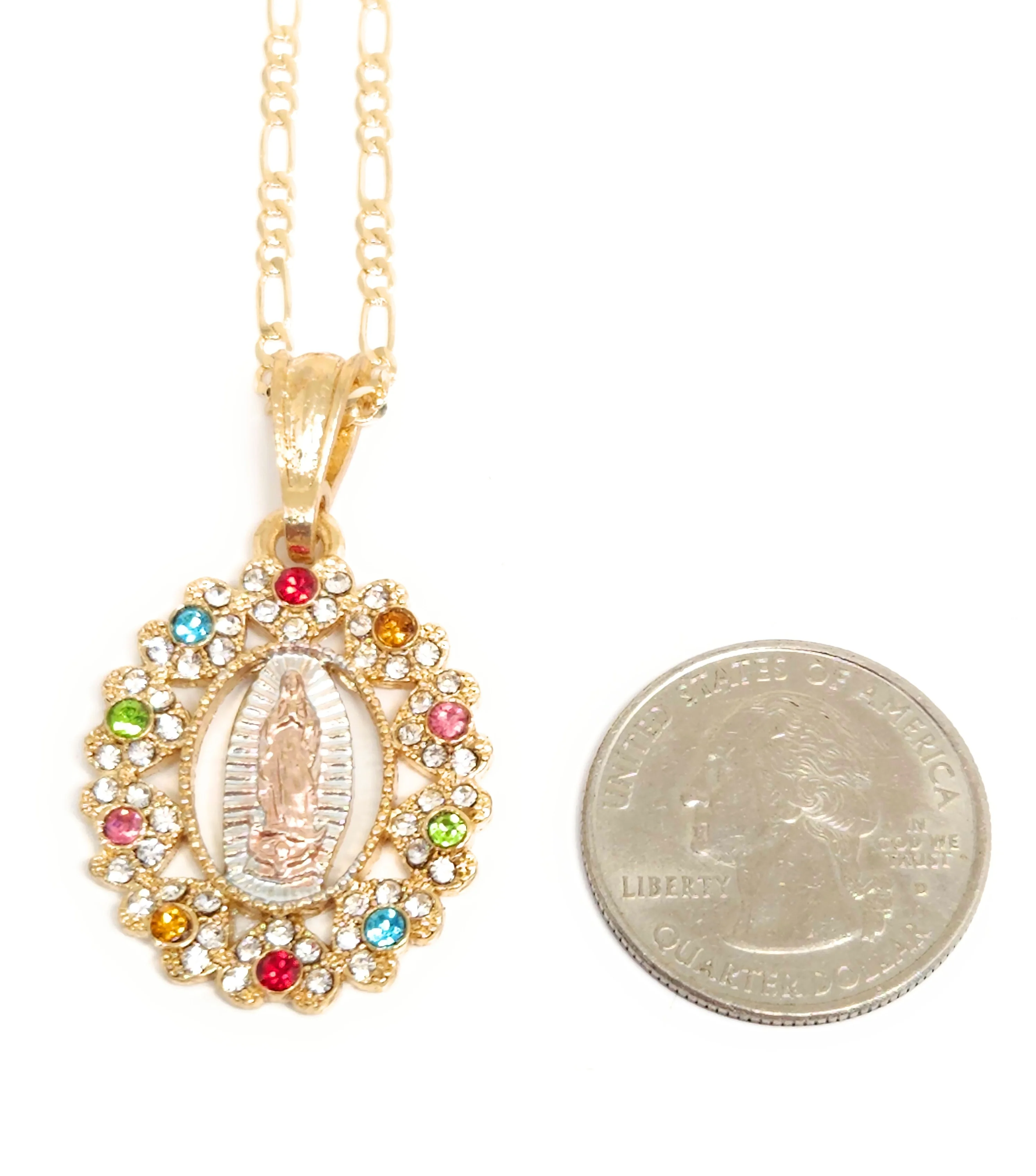 Gold Plated Tri-Color Virgin Mary Oval CZ Elegant Pendant Necklace 24" Virgen Guadalupe - Image 7