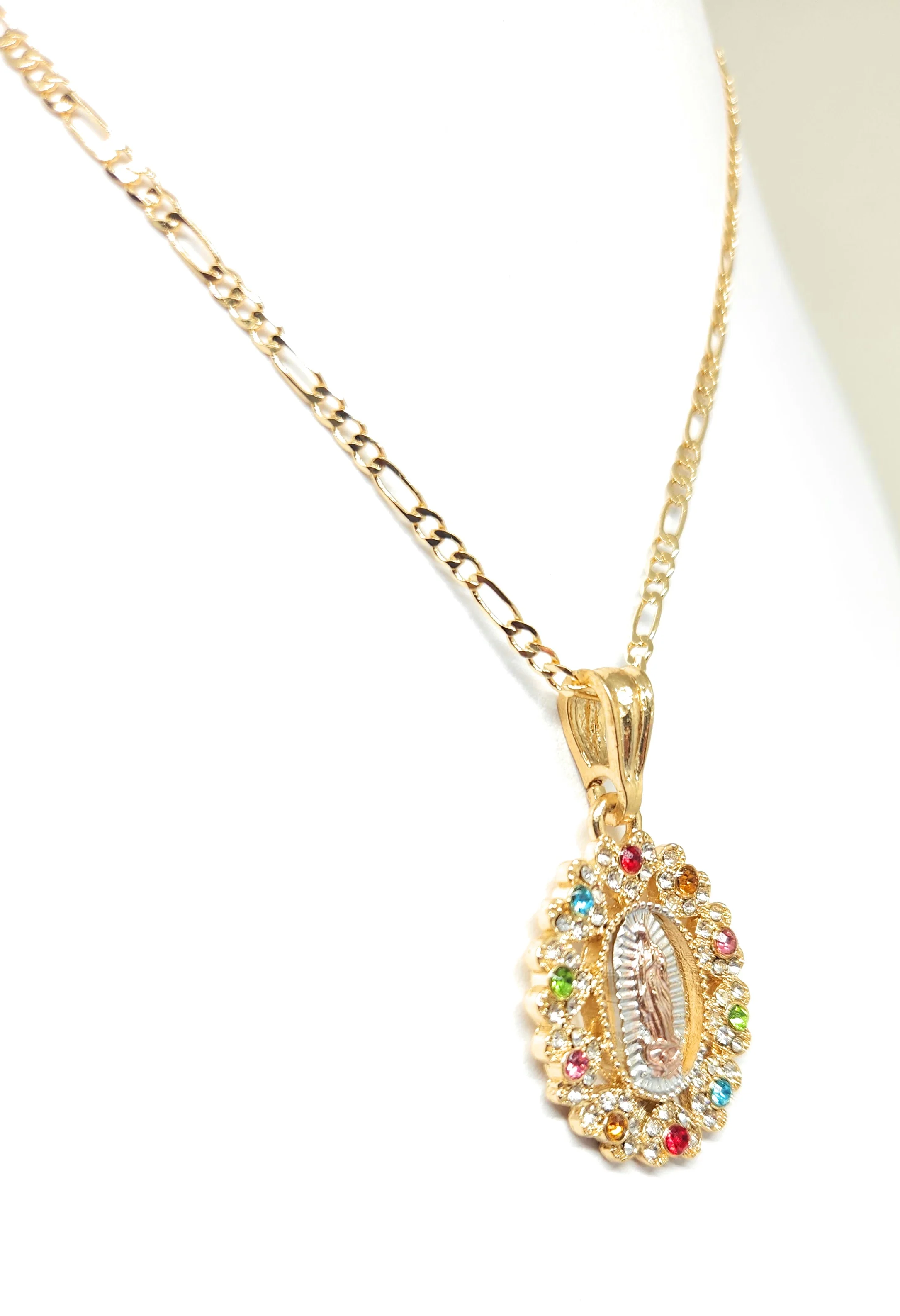 Gold Plated Tri-Color Virgin Mary Oval CZ Elegant Pendant Necklace 24" Virgen Guadalupe - Image 8