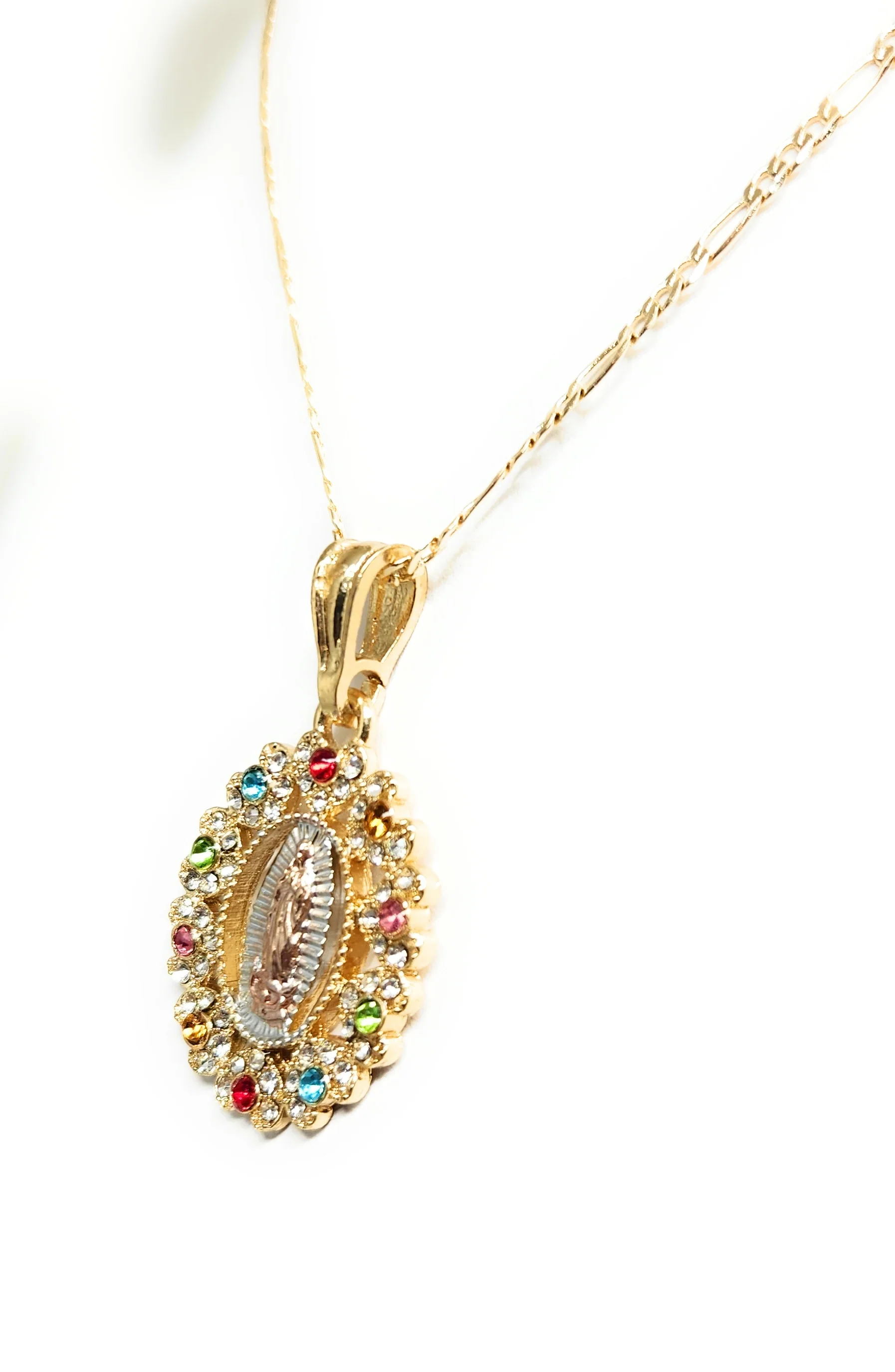 Gold Plated Tri-Color Virgin Mary Oval CZ Elegant Pendant Necklace 24" Virgen Guadalupe - Image 9