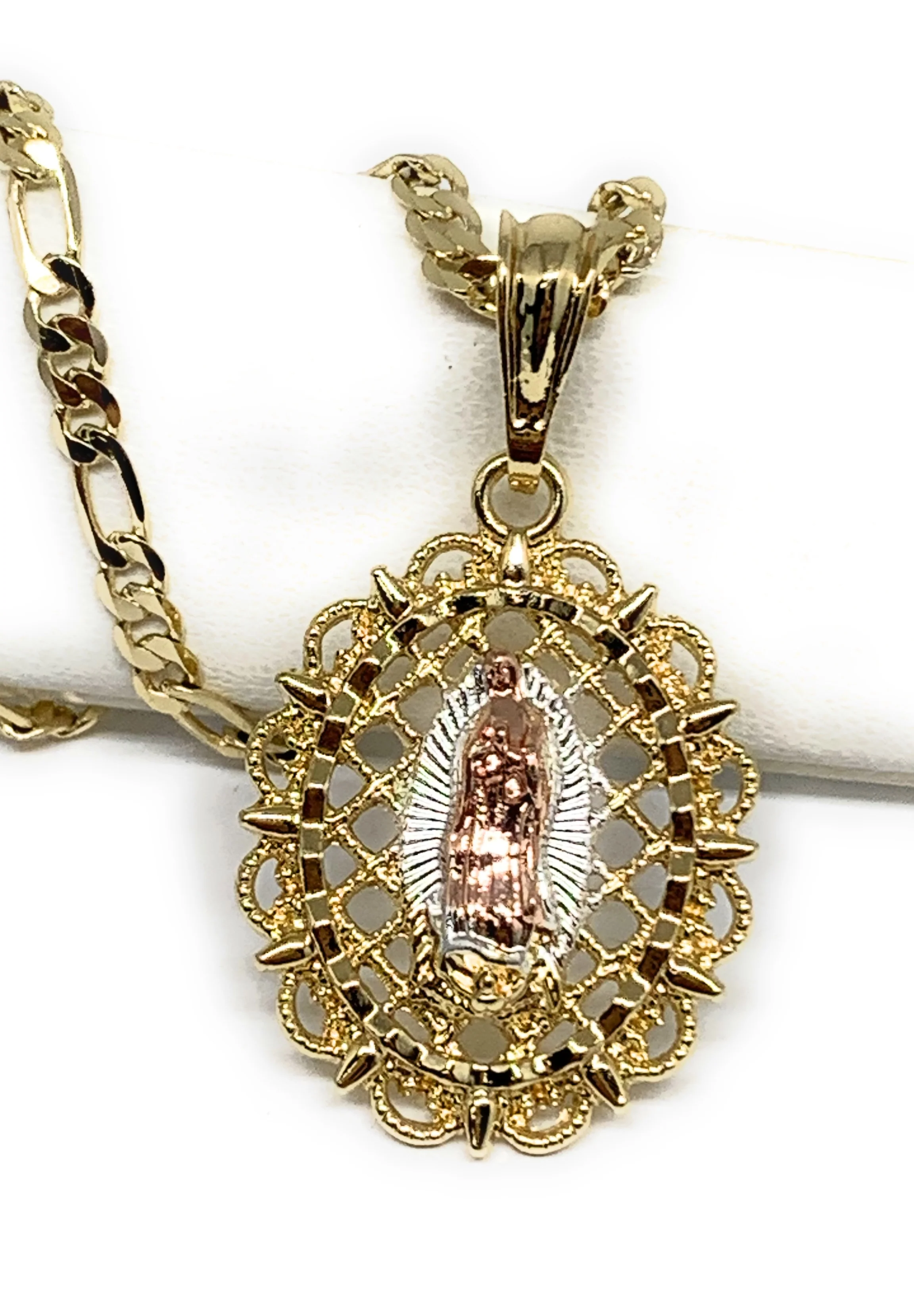 Gold Plated Tri-Color Virgin Mary Oval Elegant Pendant Necklace 24" Virgen Guadalupe