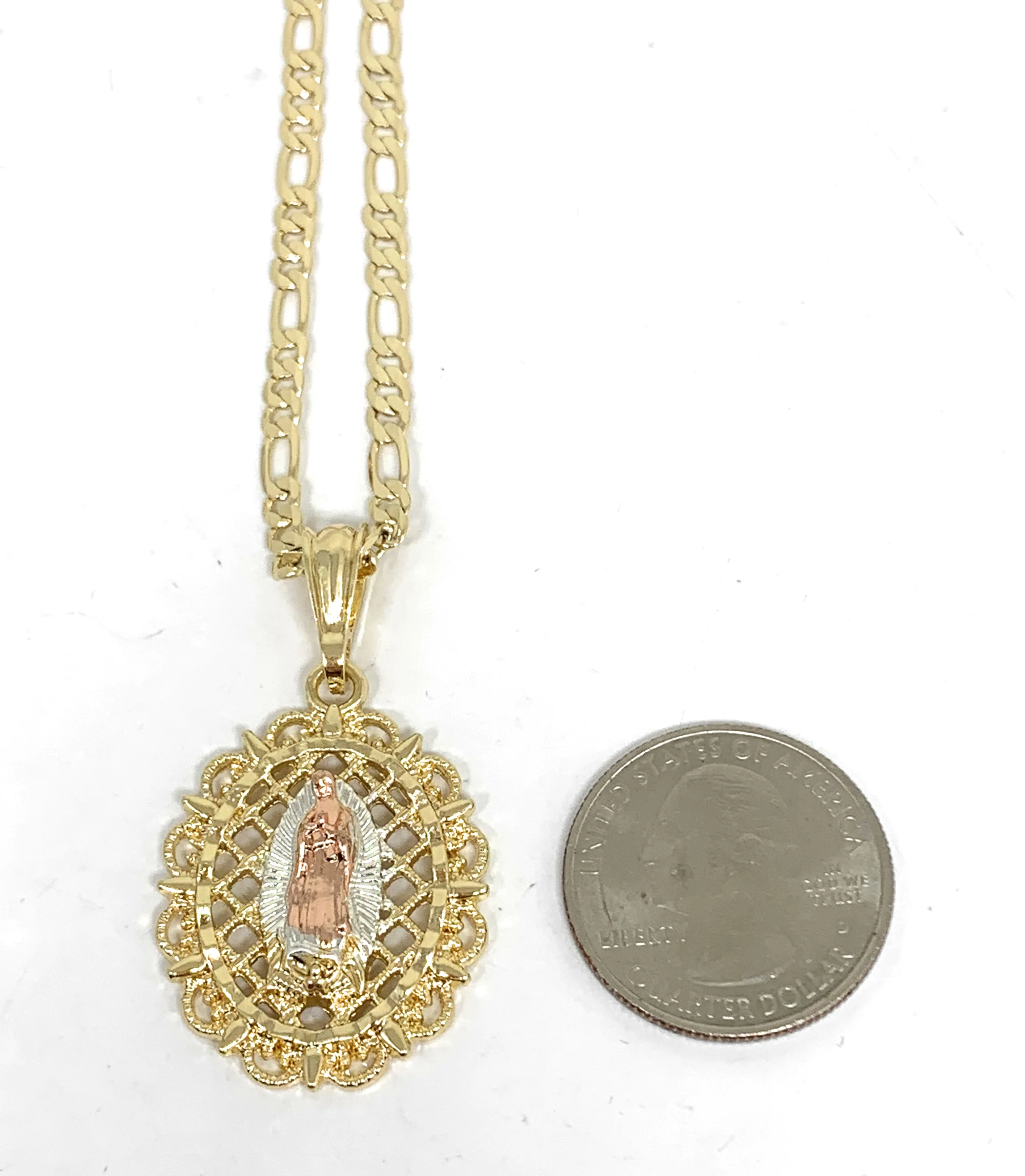 Gold Plated Tri-Color Virgin Mary Oval Elegant Pendant Necklace 24" Virgen Guadalupe - Image 2