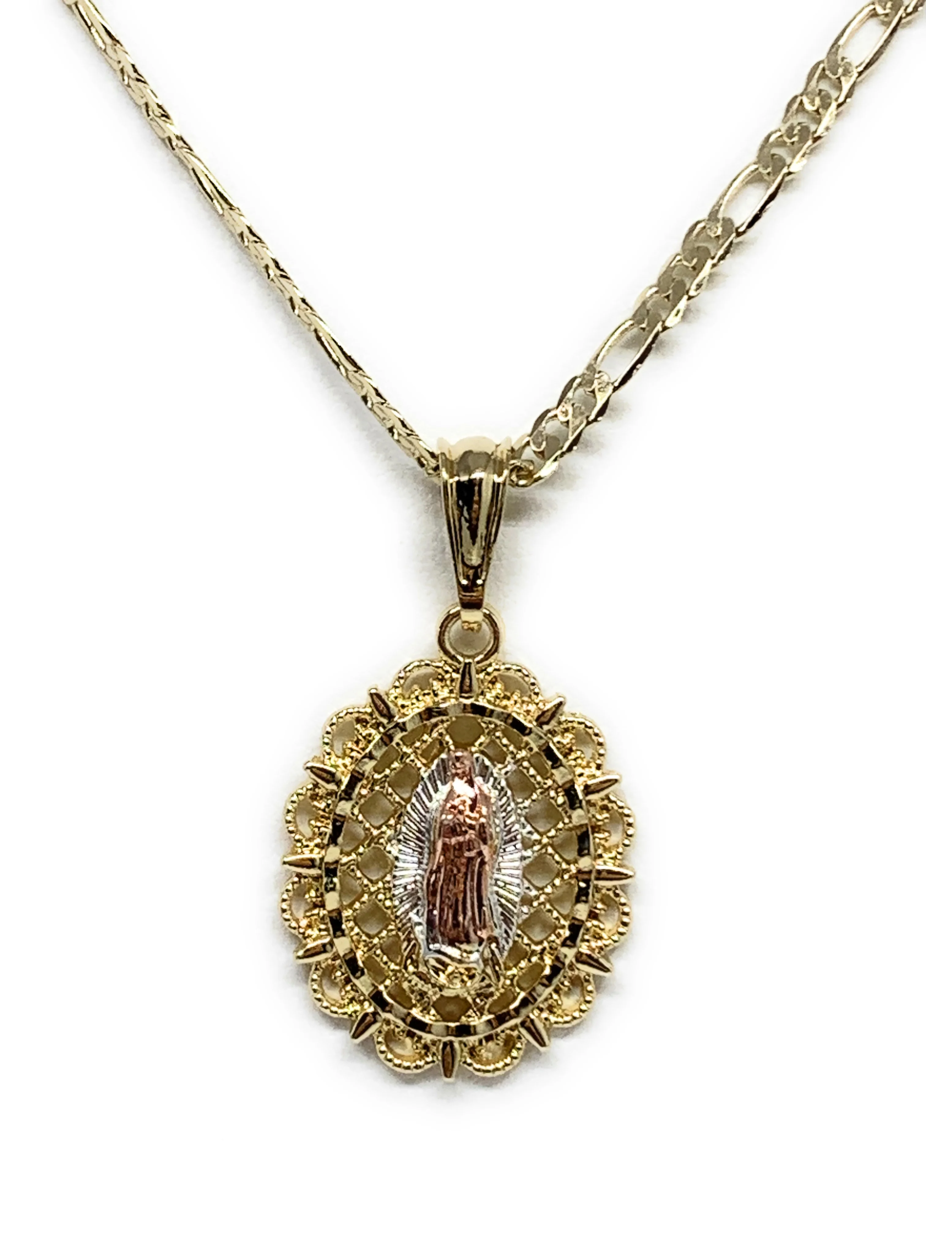 Gold Plated Tri-Color Virgin Mary Oval Elegant Pendant Necklace 24" Virgen Guadalupe - Image 3