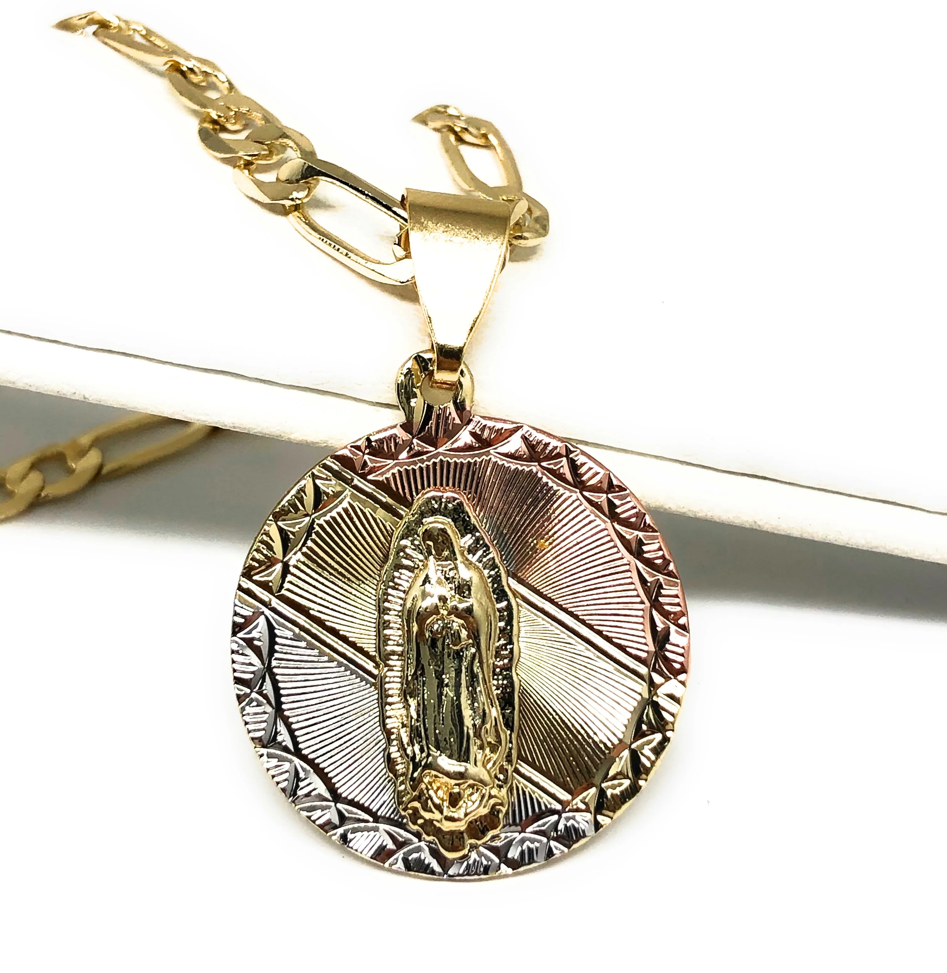 Gold Plated Tri-Color Virgin Mary Pendant Necklace 24" Virgen De Guadalupe Medalla Tres Colores