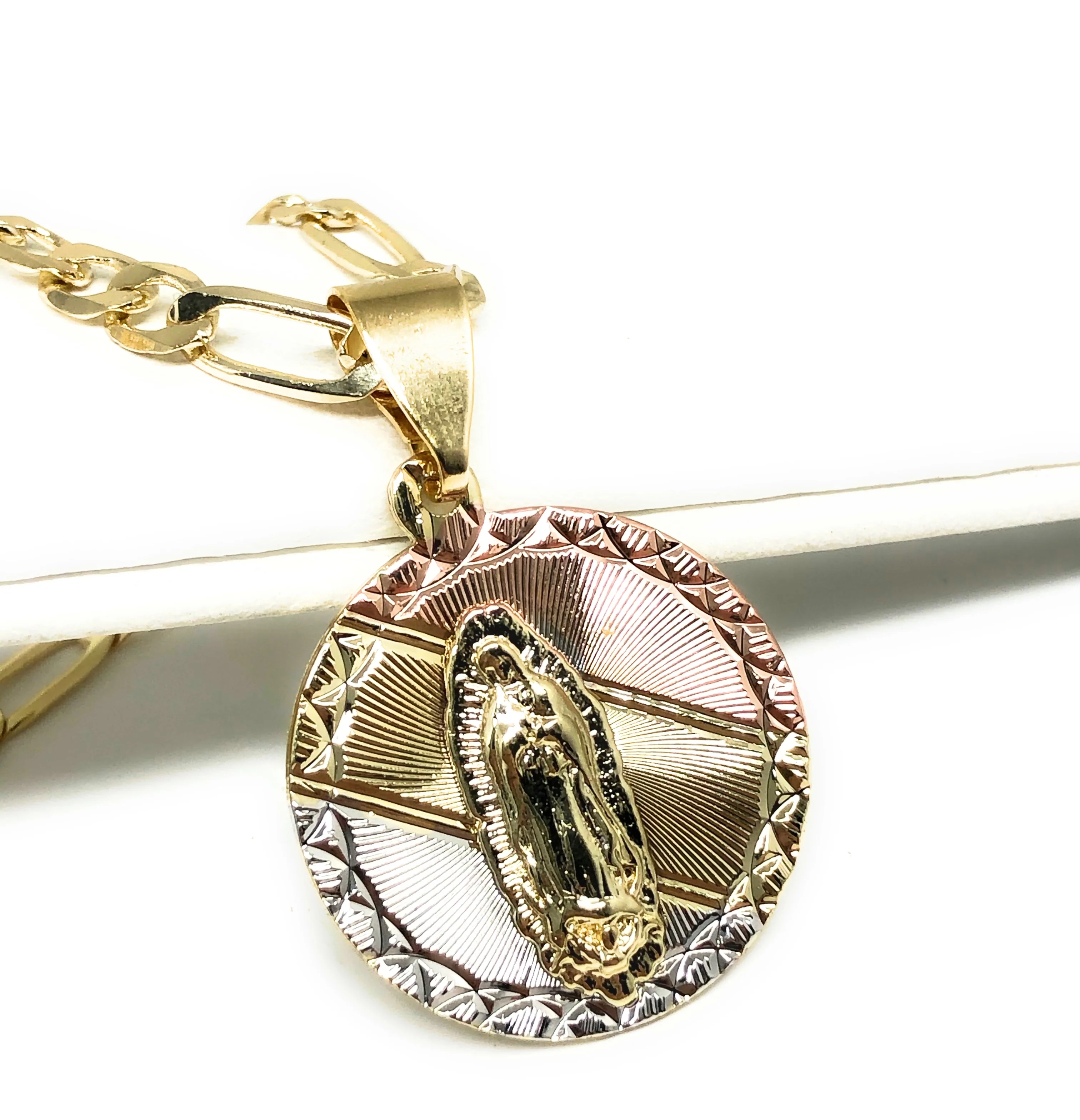 Gold Plated Tri-Color Virgin Mary Pendant Necklace 24" Virgen De Guadalupe Medalla Tres Colores - Image 2