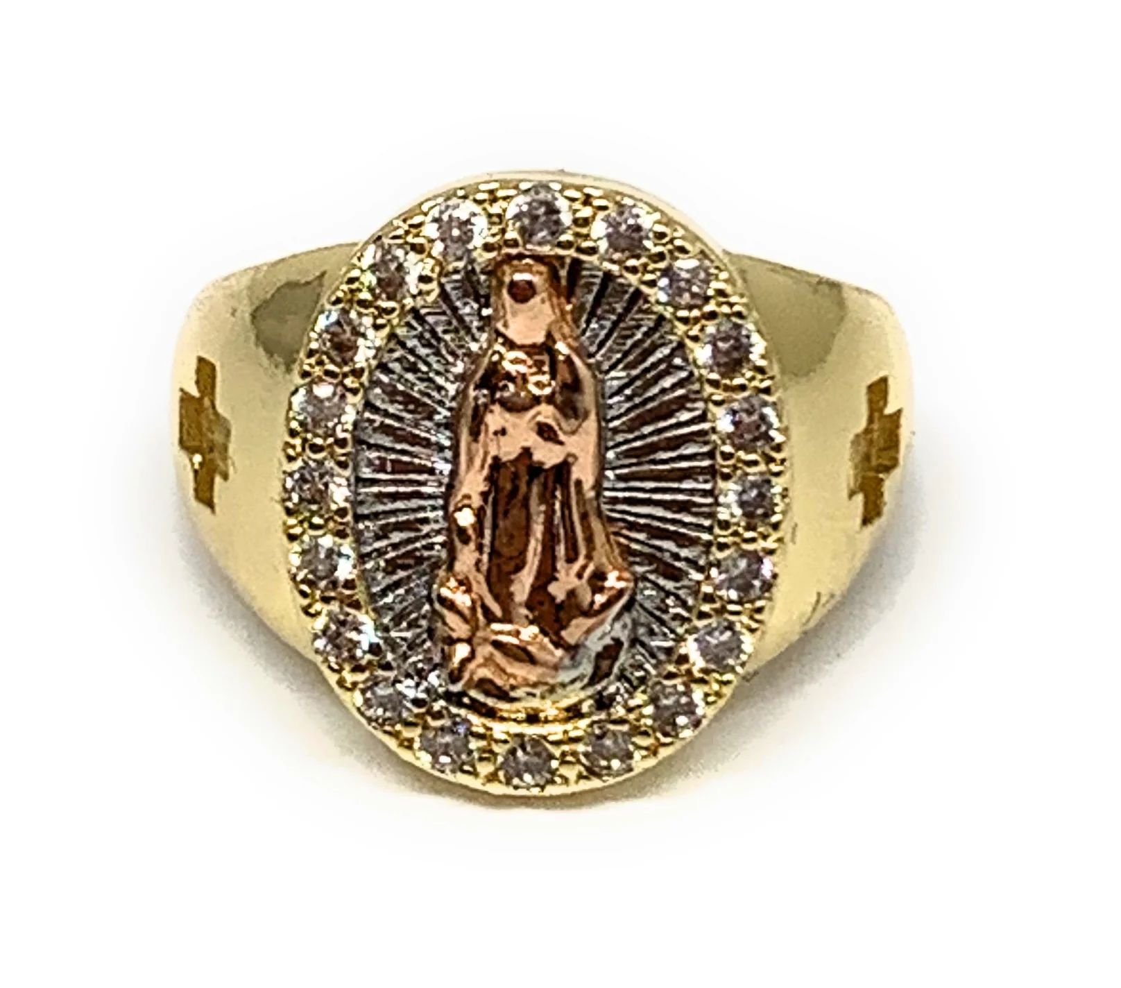 Gold Plated Tri-Color Virgin Mary Round CZ Ring Virgen De Guadalupe Anillo