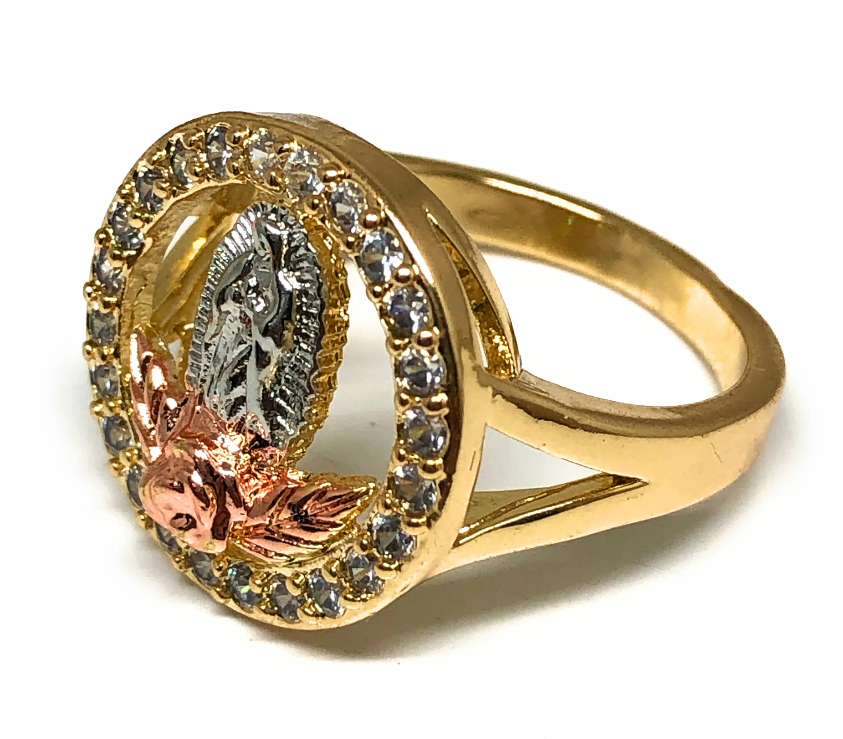 Gold Plated Tri-Color Virgin Mary Round Flower CZ Ring Virgen De Guadalupe Anillo - Image 2