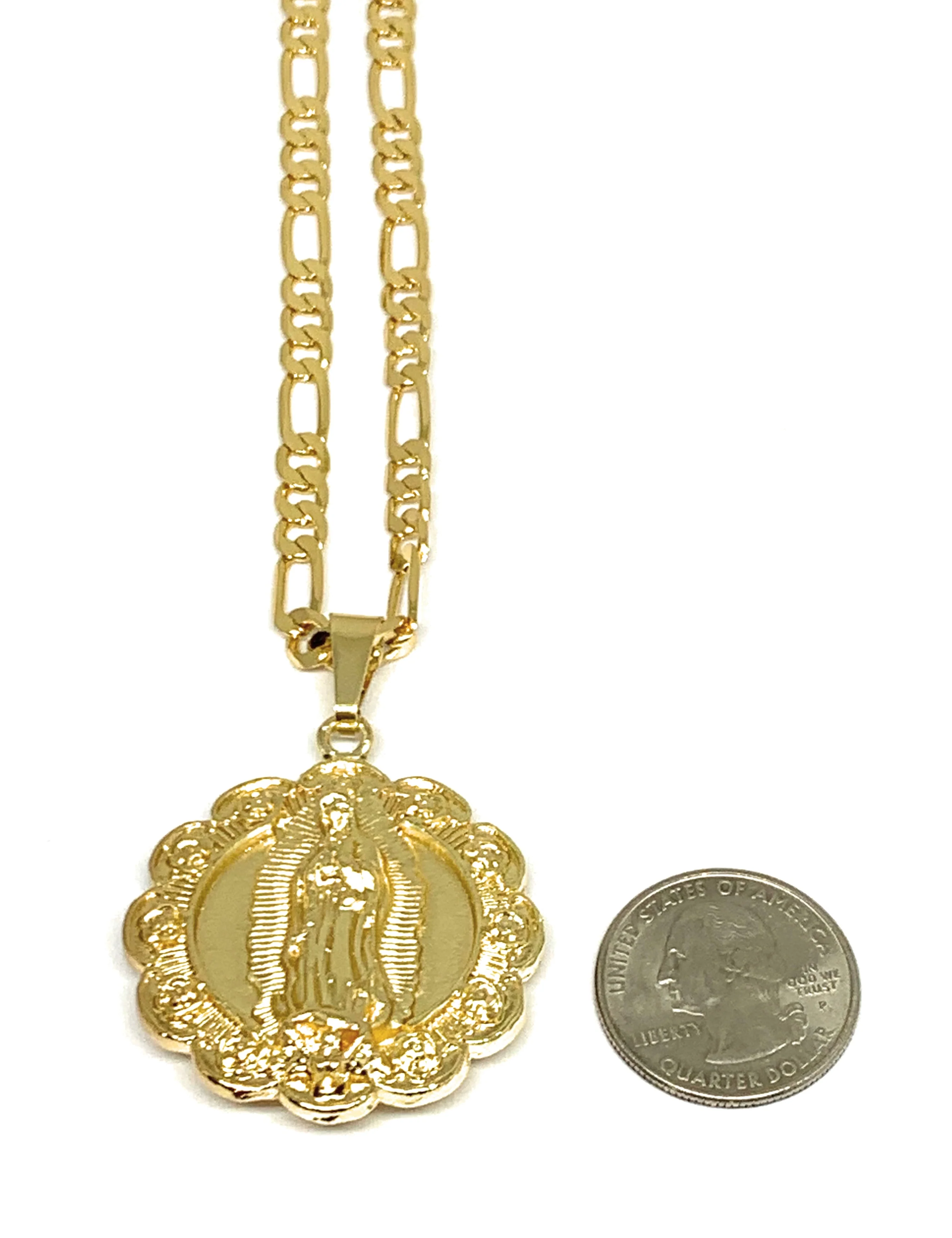 Gold Plated Virgen Guadalupe Sagrado Corazon Pendant Necklace 26" 5mm Figaro Chain - Image 3