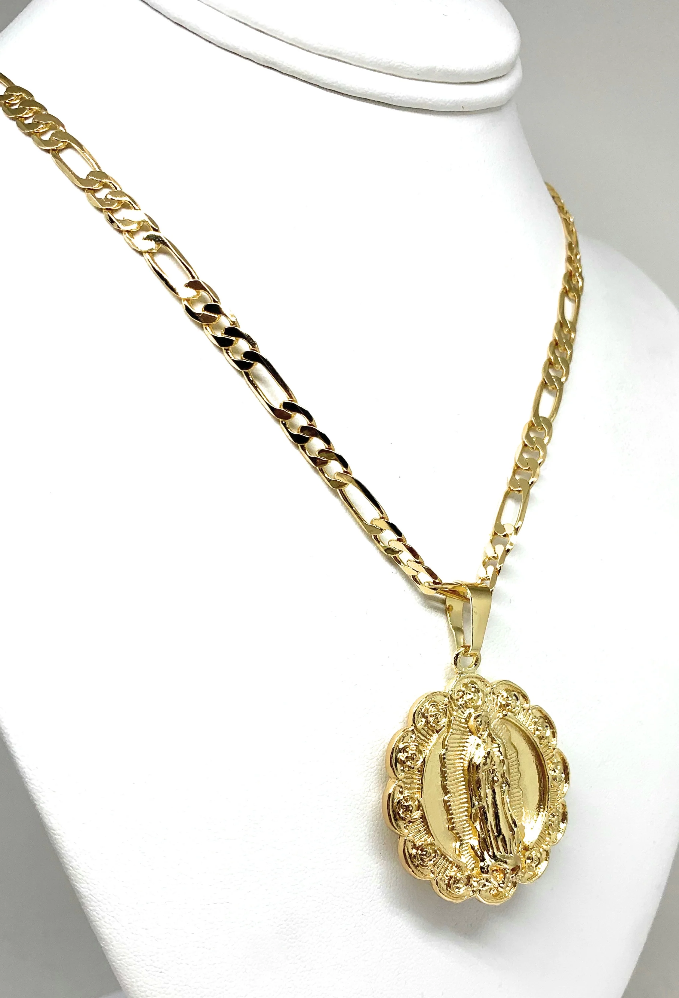 Gold Plated Virgen Guadalupe Sagrado Corazon Pendant Necklace 26" 5mm Figaro Chain - Image 4