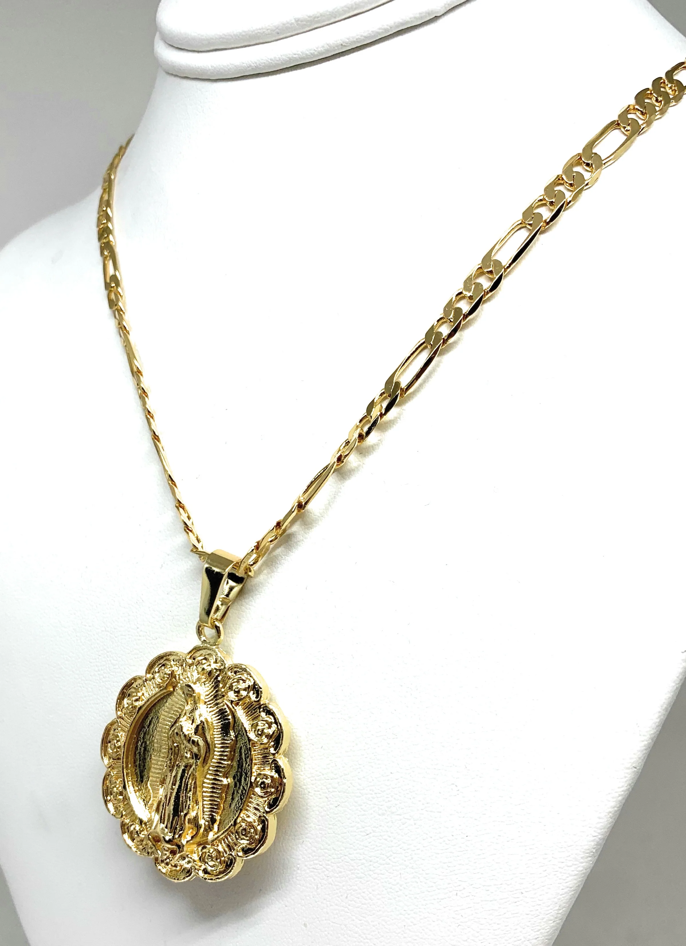 Gold Plated Virgen Guadalupe Sagrado Corazon Pendant Necklace 26" 5mm Figaro Chain - Image 5