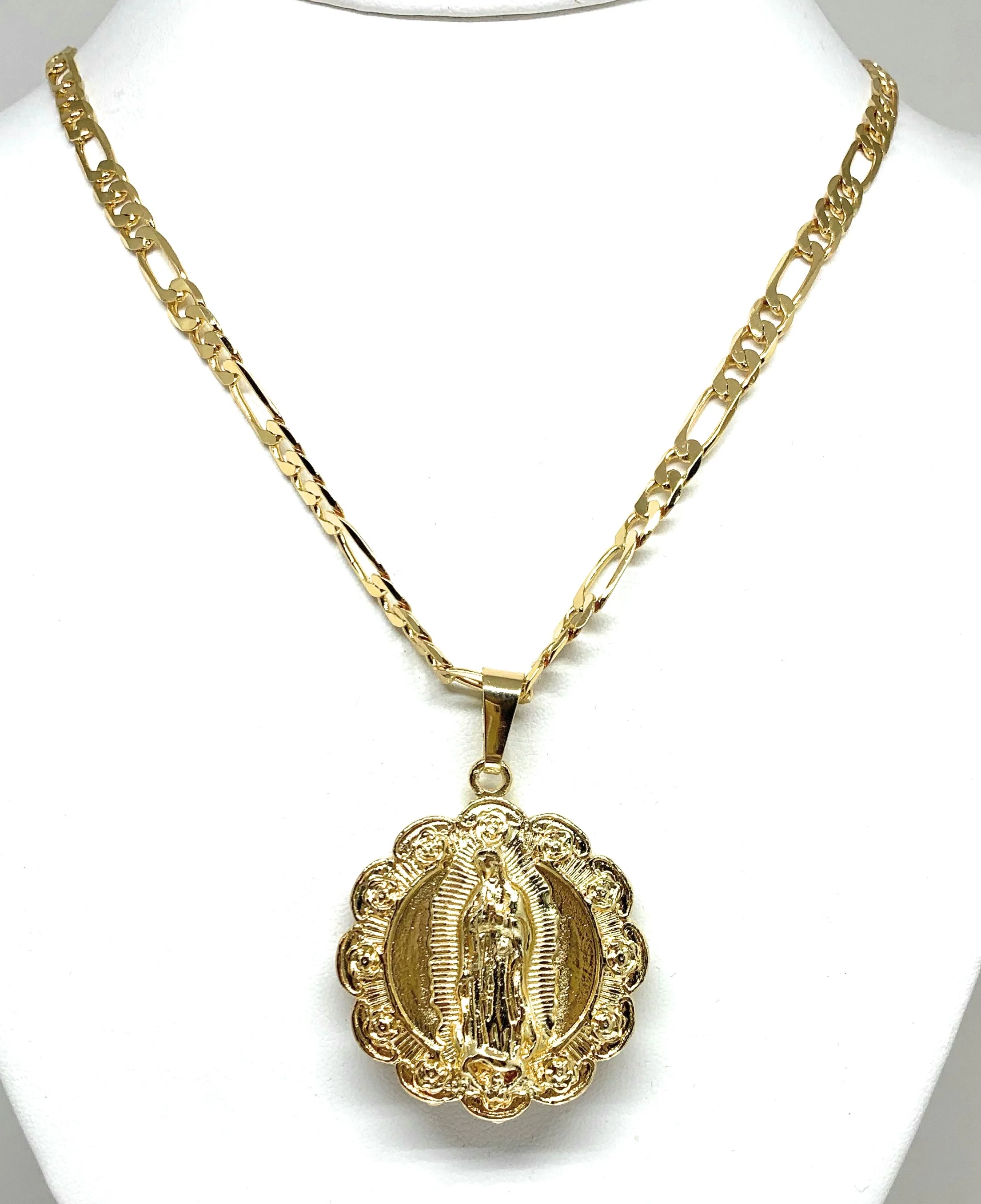 Gold Plated Virgen Guadalupe Sagrado Corazon Pendant Necklace 26" 5mm Figaro Chain - Image 6