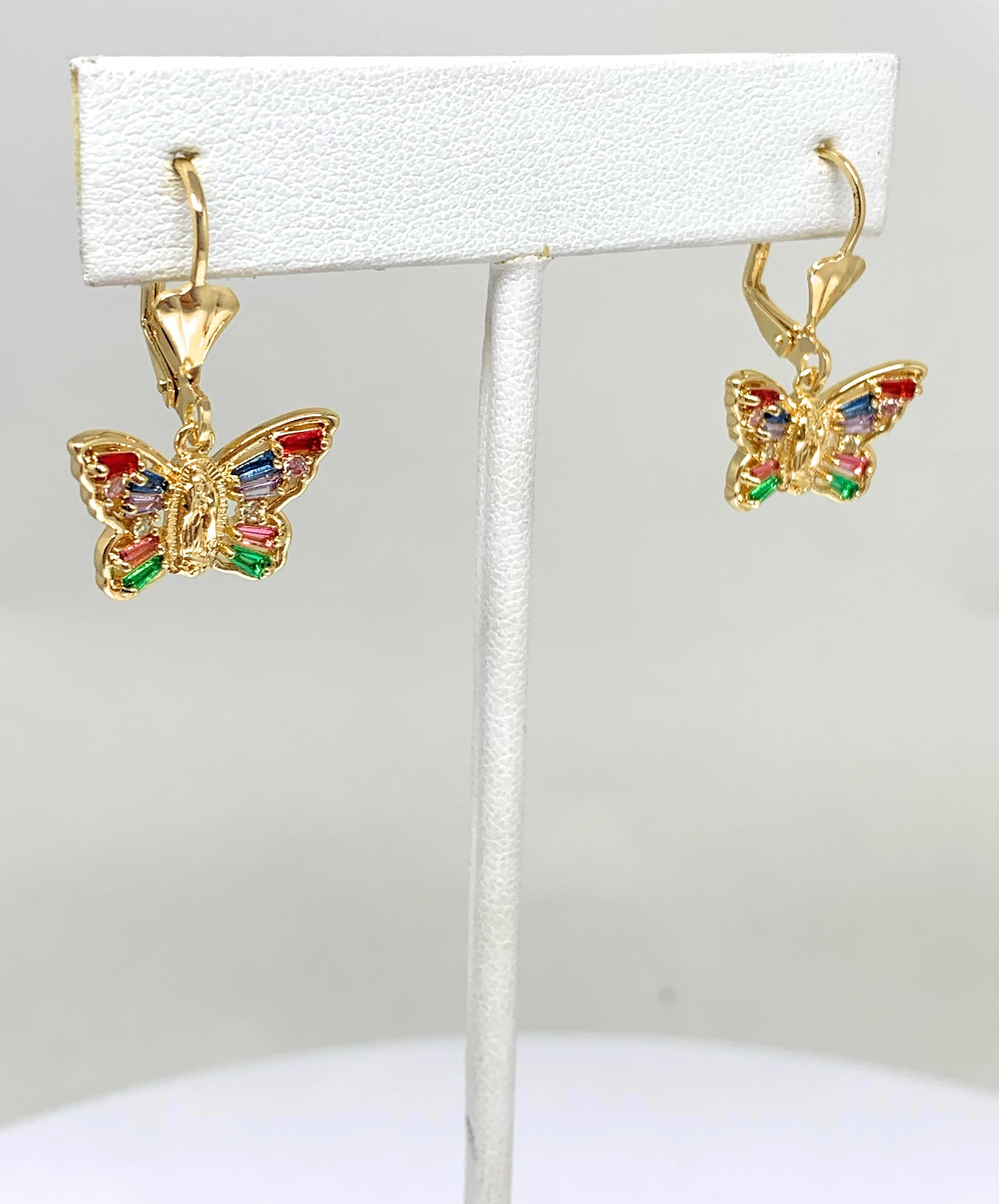 Gold Plated Virgin Mary Butterfly Earrings w/ Stones Aretes Virgen Guadalupe - Image 2