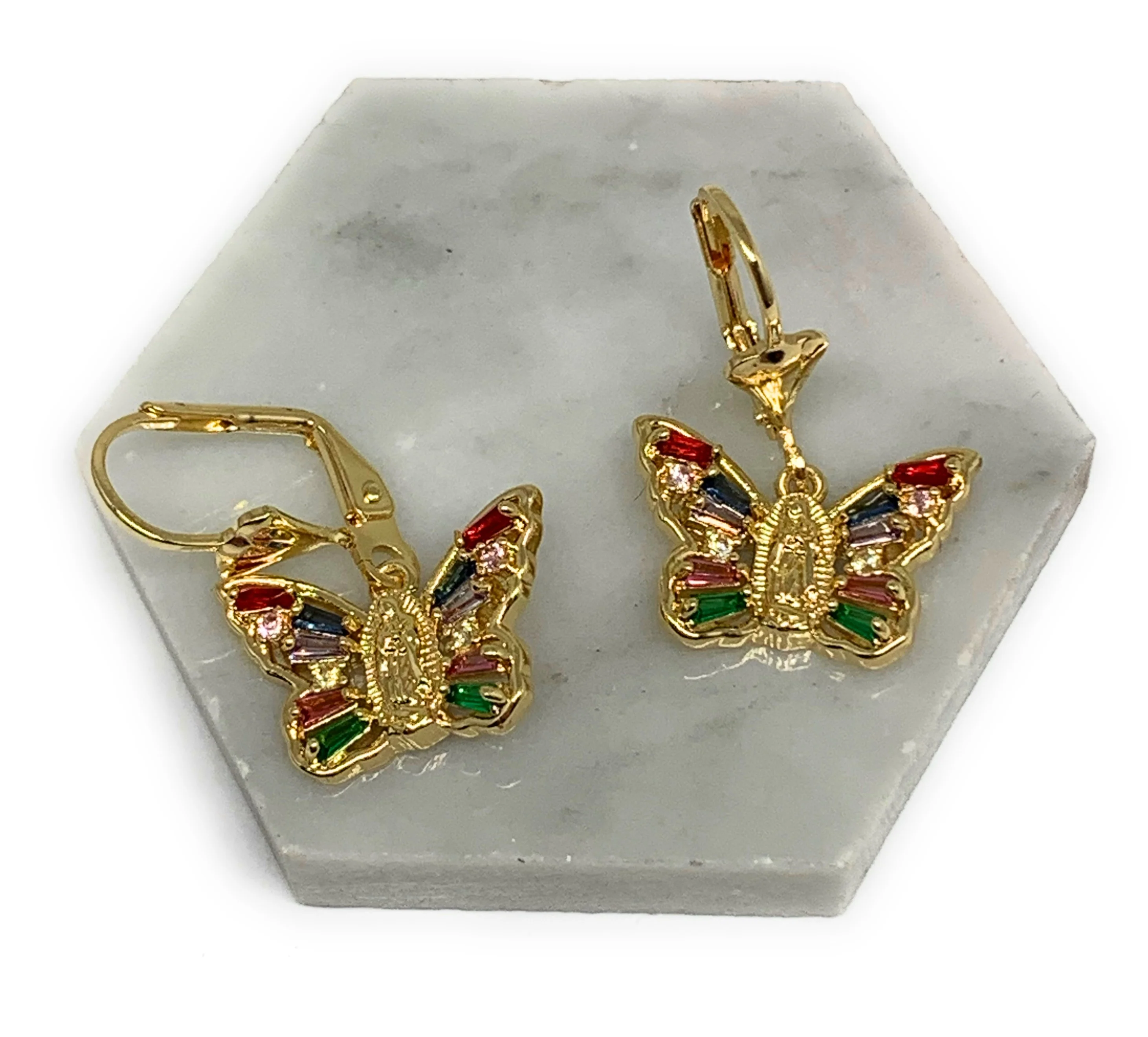 Gold Plated Virgin Mary Butterfly Earrings w/ Stones Aretes Virgen Guadalupe - Image 3