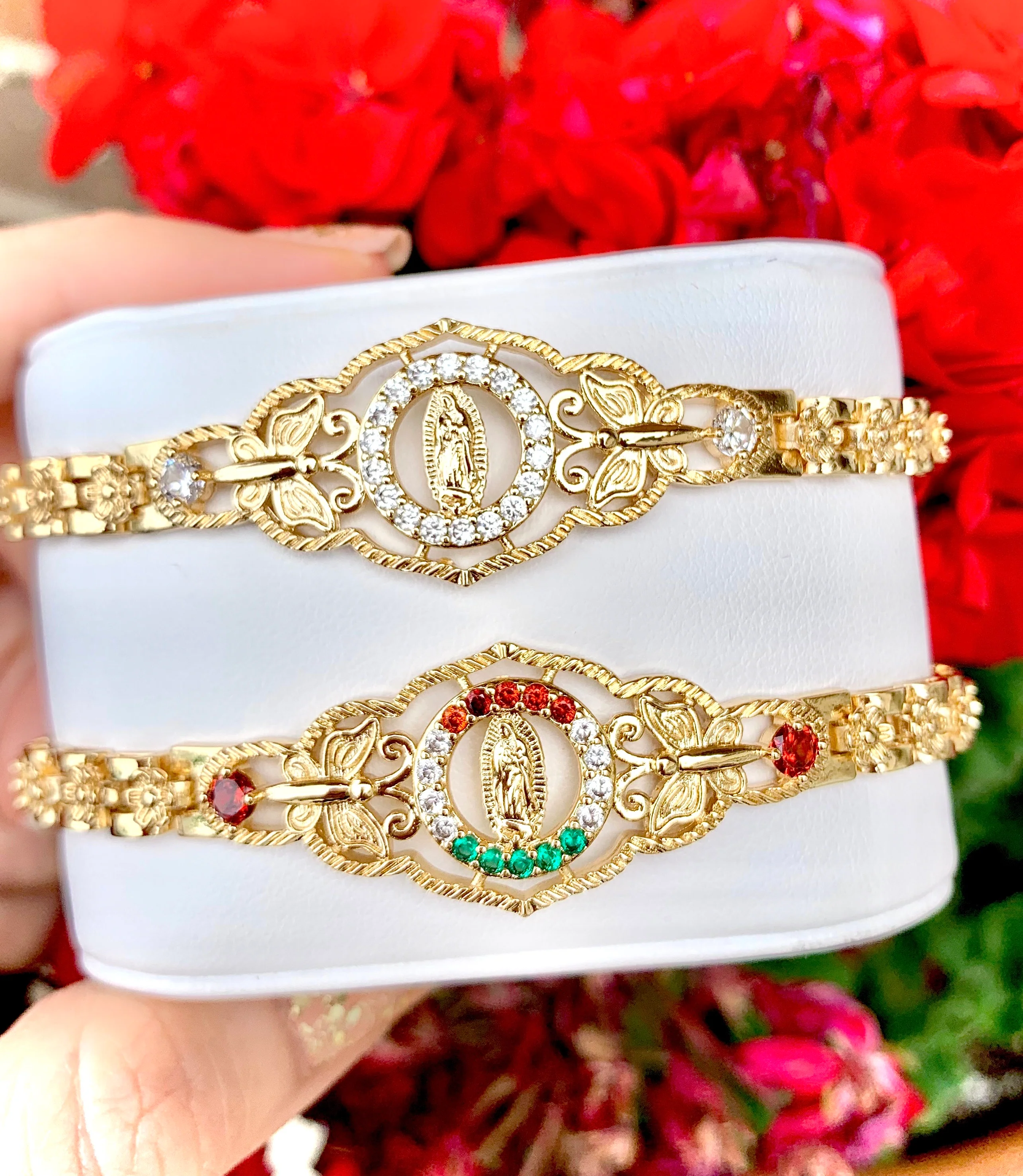 Gold Plated Round Virgin Mary Butterfly Bracelet Virgen De Guadalupe Pulsera 8"