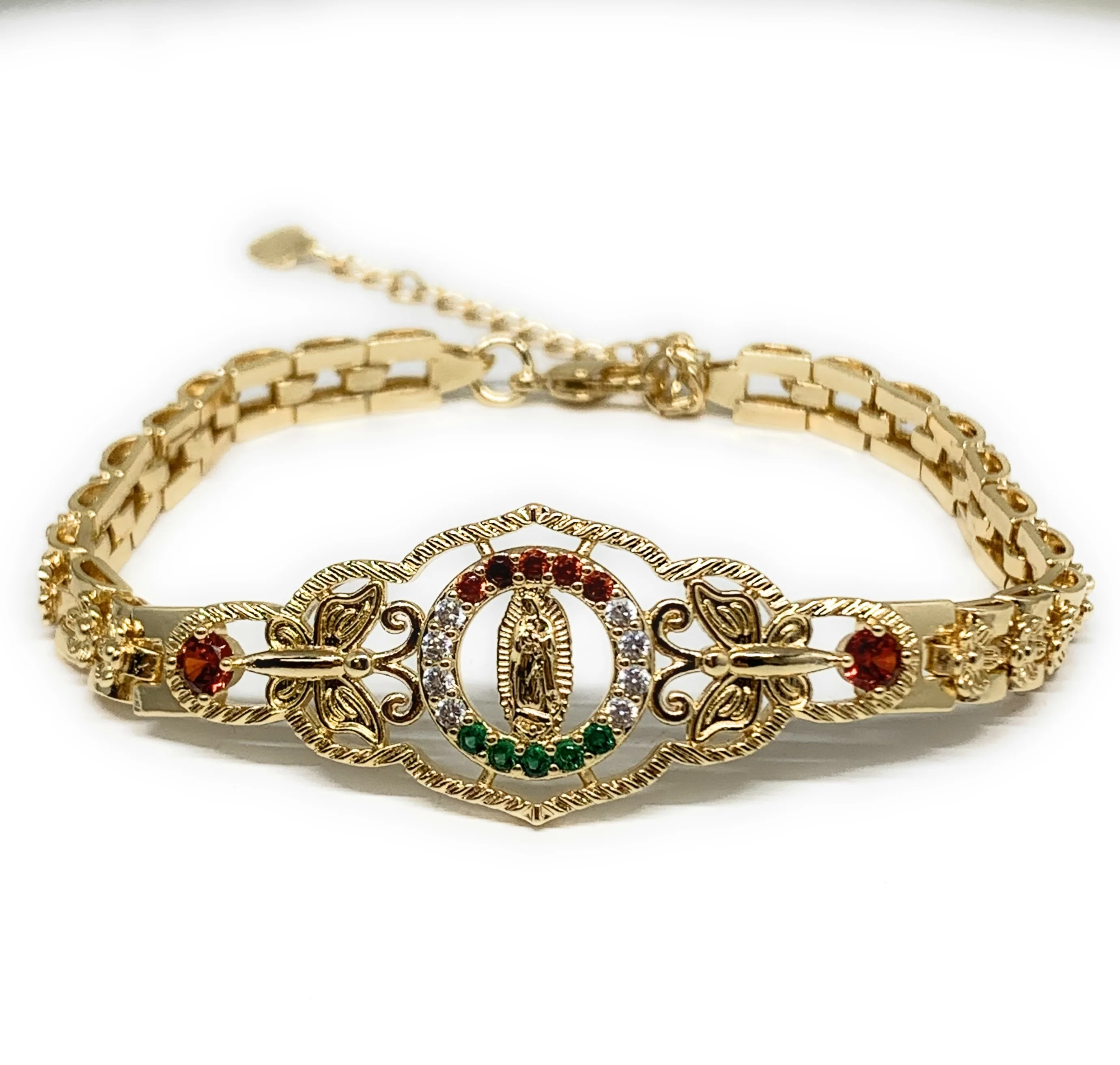 Gold Plated Round Virgin Mary Butterfly Bracelet Virgen De Guadalupe Pulsera 8" - Image 2