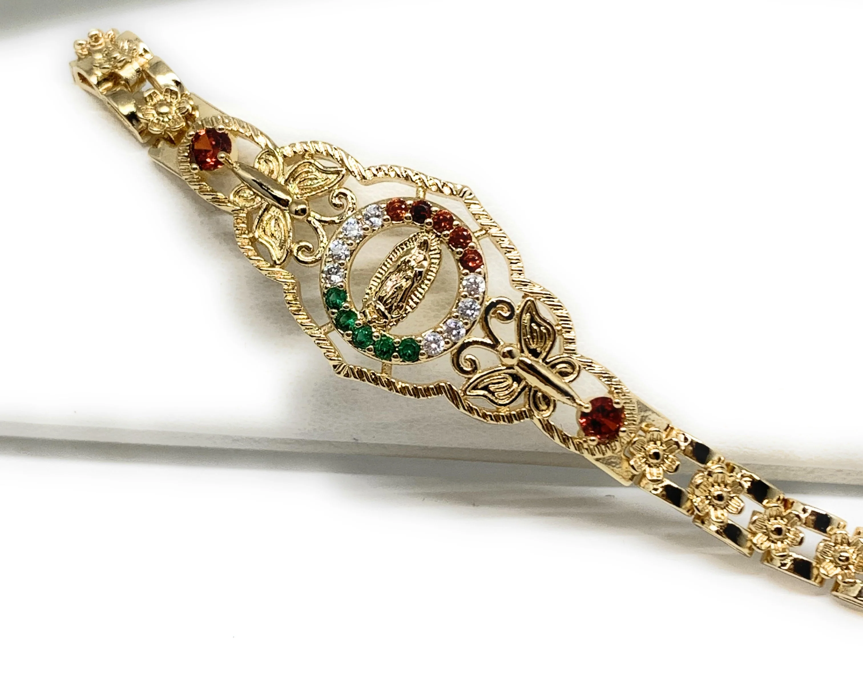 Gold Plated Round Virgin Mary Butterfly Bracelet Virgen De Guadalupe Pulsera 8" - Image 4
