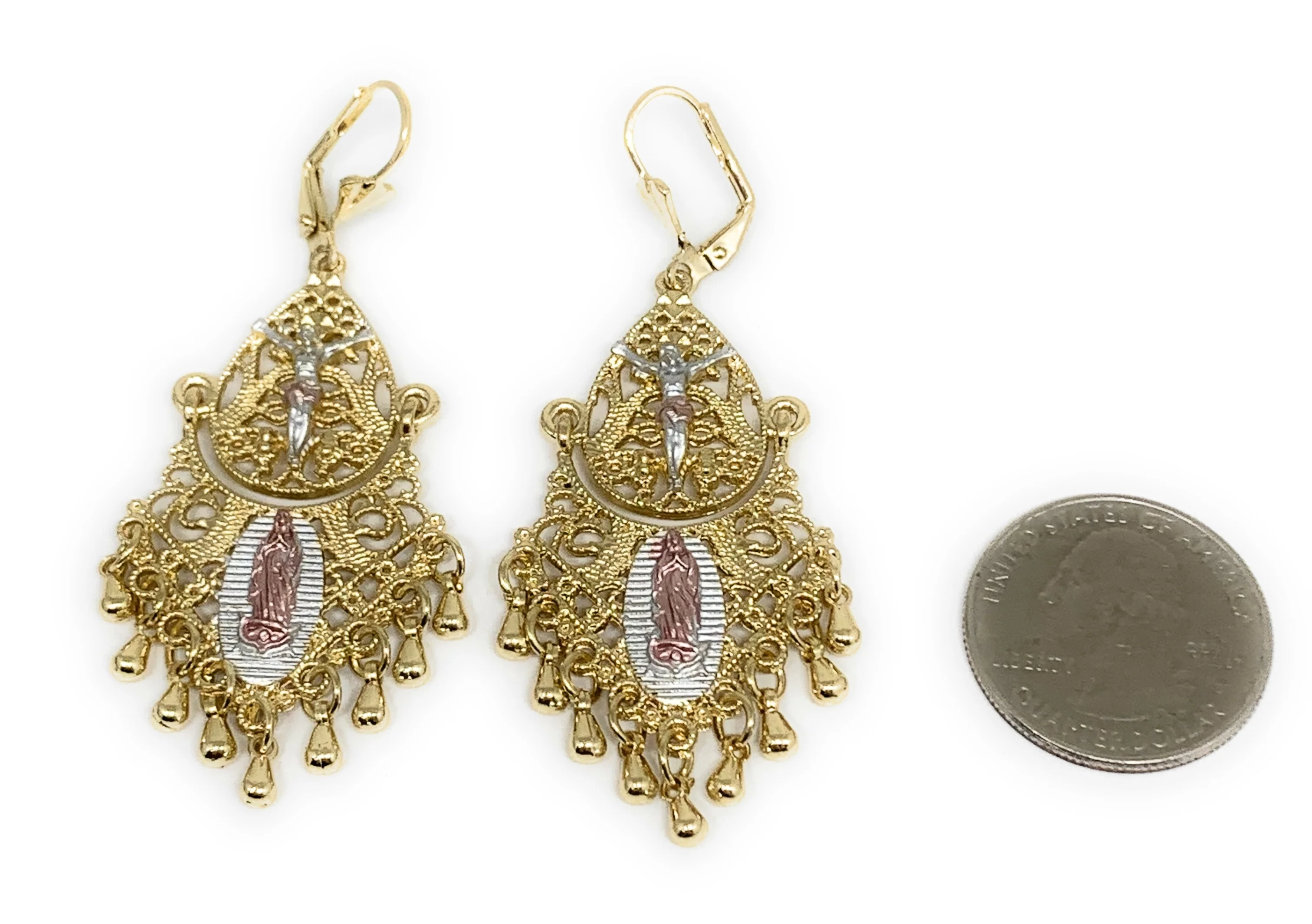 Gold Plated Virgin Mary Chandelier Earrings Virgen Guadalupe Aretes Folklorico - Image 2