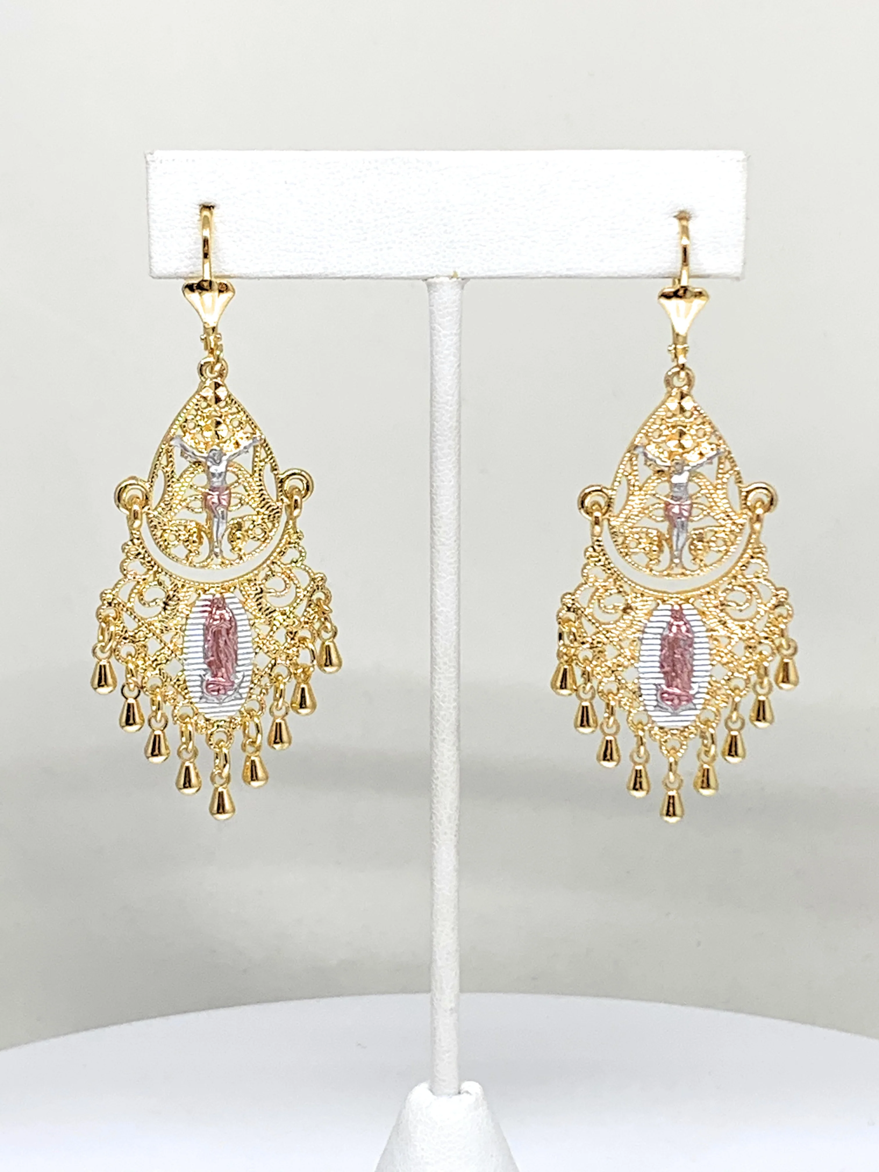 Gold Plated Virgin Mary Chandelier Earrings Virgen Guadalupe Aretes Folklorico - Image 4