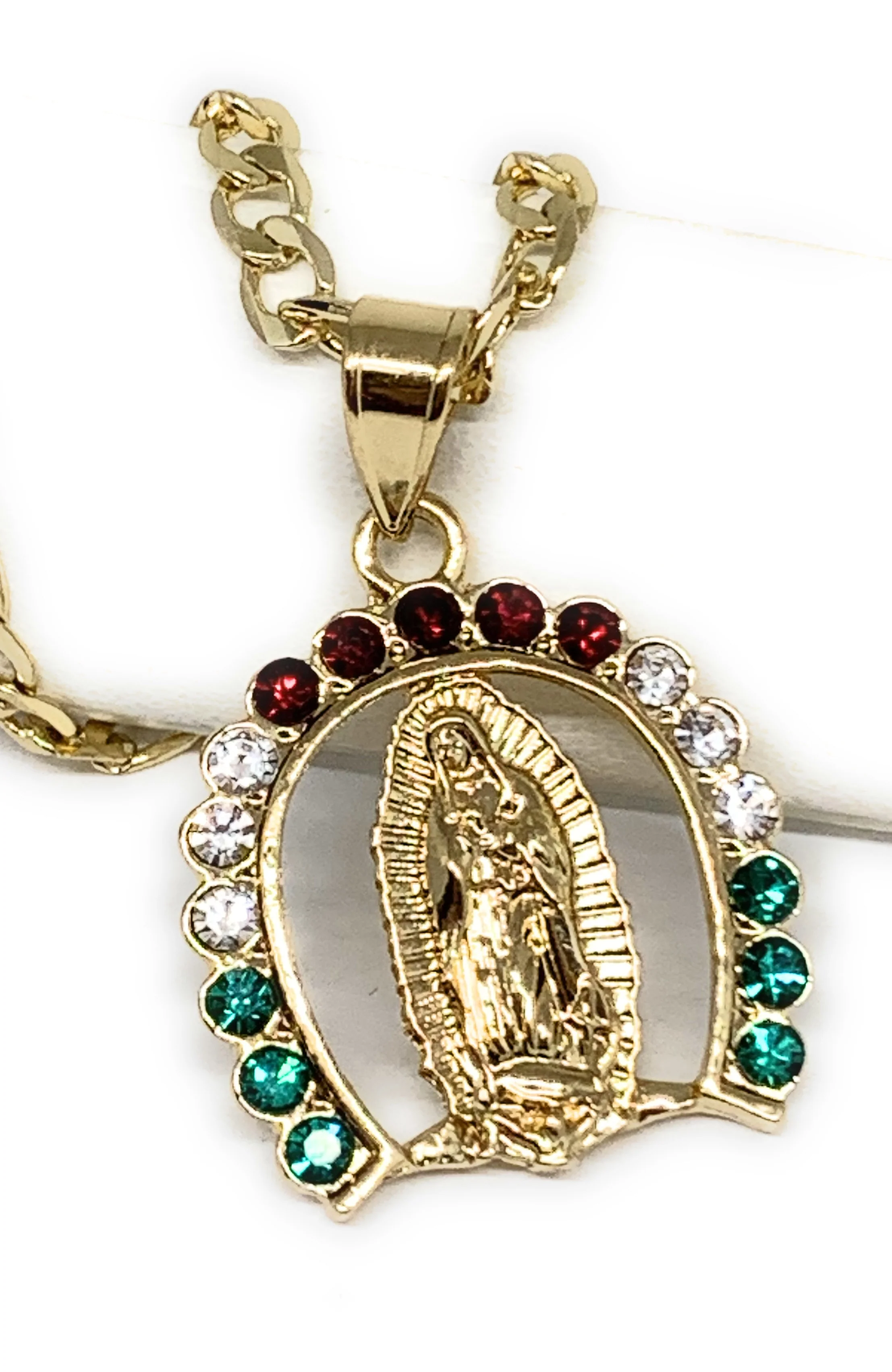 Gold Plated Virgin Mary Colorful CZ Small Horseshoe Pendant Necklace Figaro 24" Virgen de Guadalupe Medalla Oro Laminado