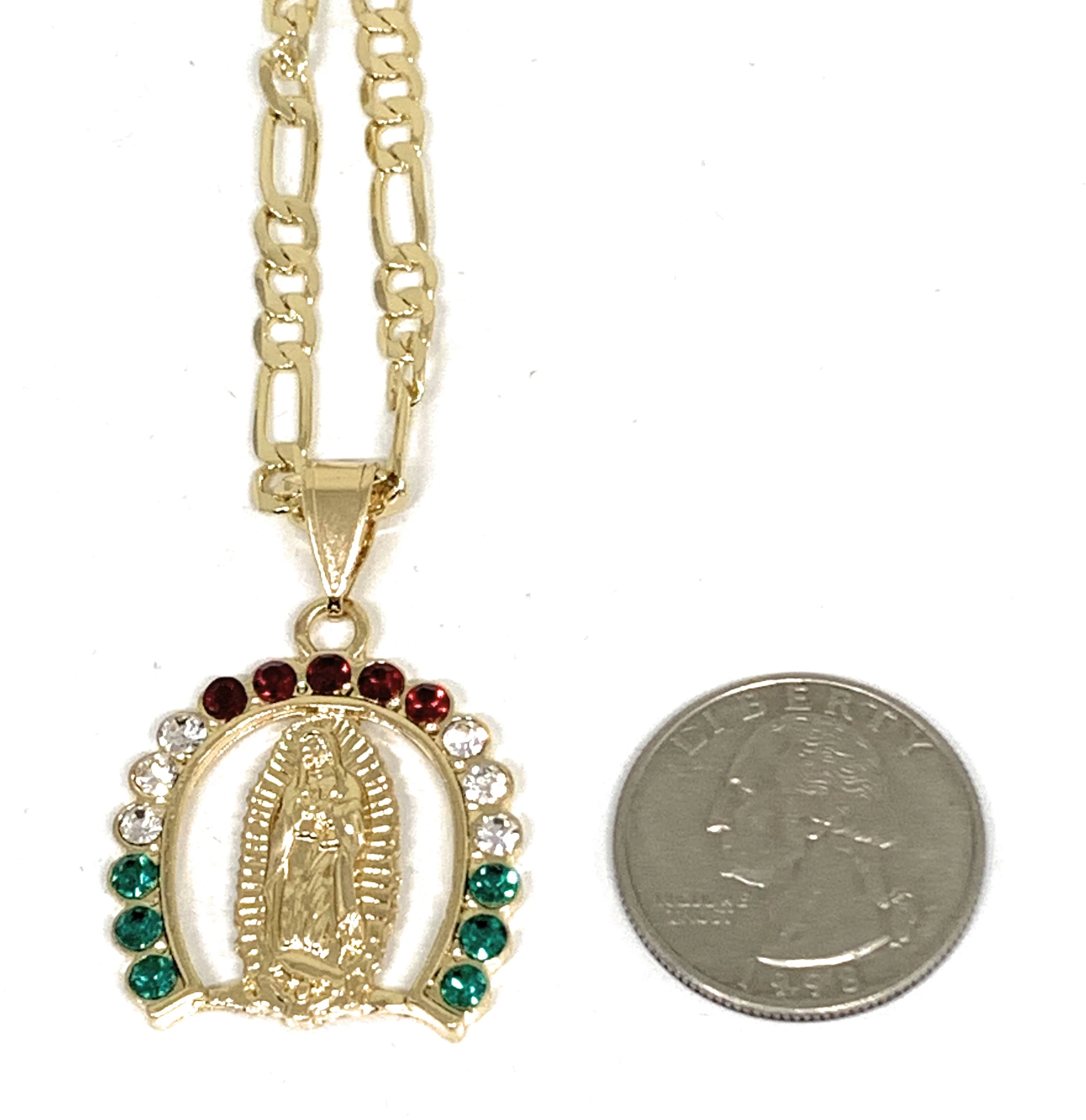Gold Plated Virgin Mary Colorful CZ Small Horseshoe Pendant Necklace Figaro 24" Virgen de Guadalupe Medalla Oro Laminado - Image 2