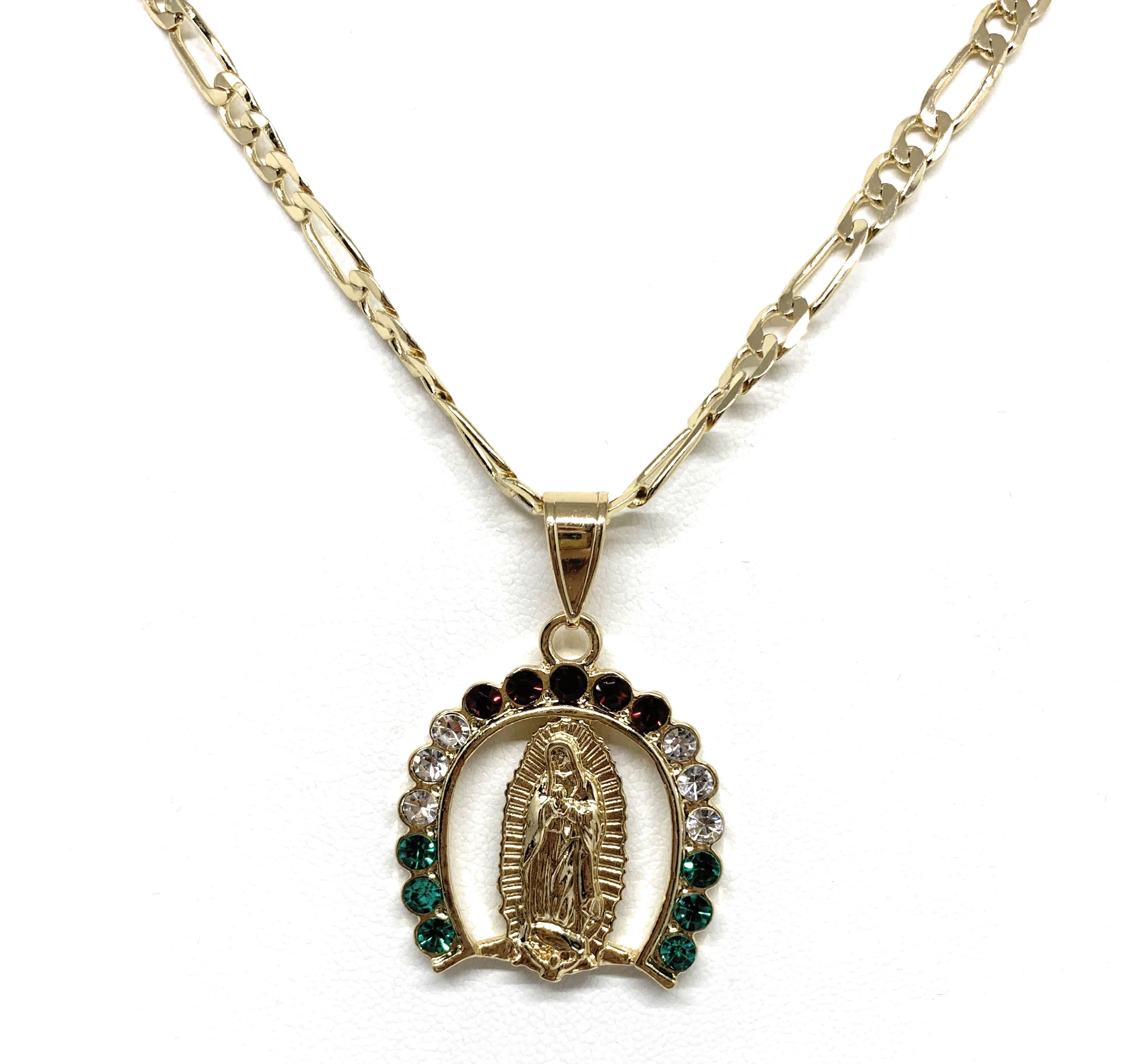 Gold Plated Virgin Mary Colorful CZ Small Horseshoe Pendant Necklace Figaro 24" Virgen de Guadalupe Medalla Oro Laminado - Image 3