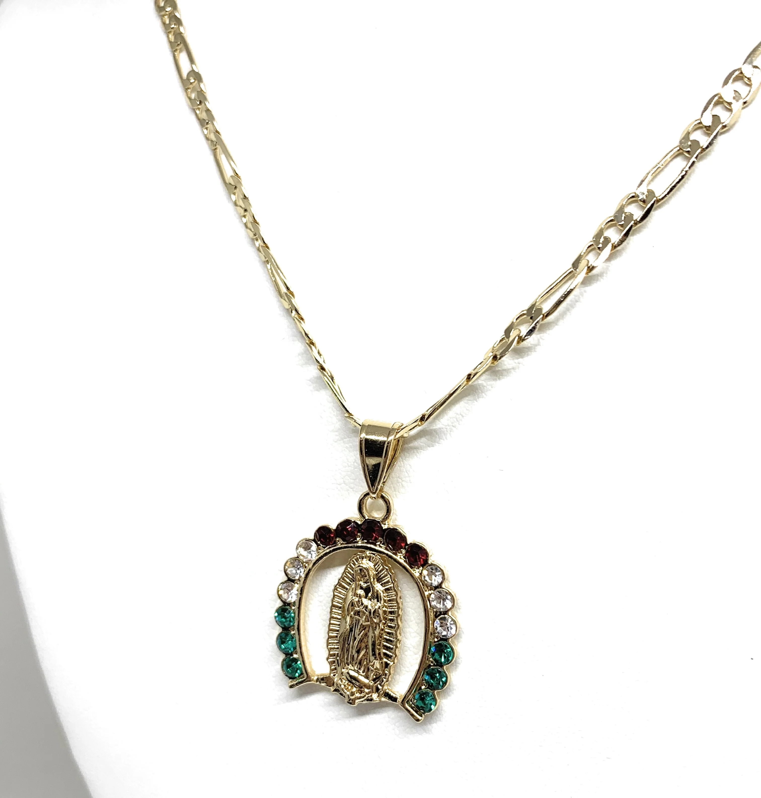 Gold Plated Virgin Mary Colorful CZ Small Horseshoe Pendant Necklace Figaro 24" Virgen de Guadalupe Medalla Oro Laminado - Image 4