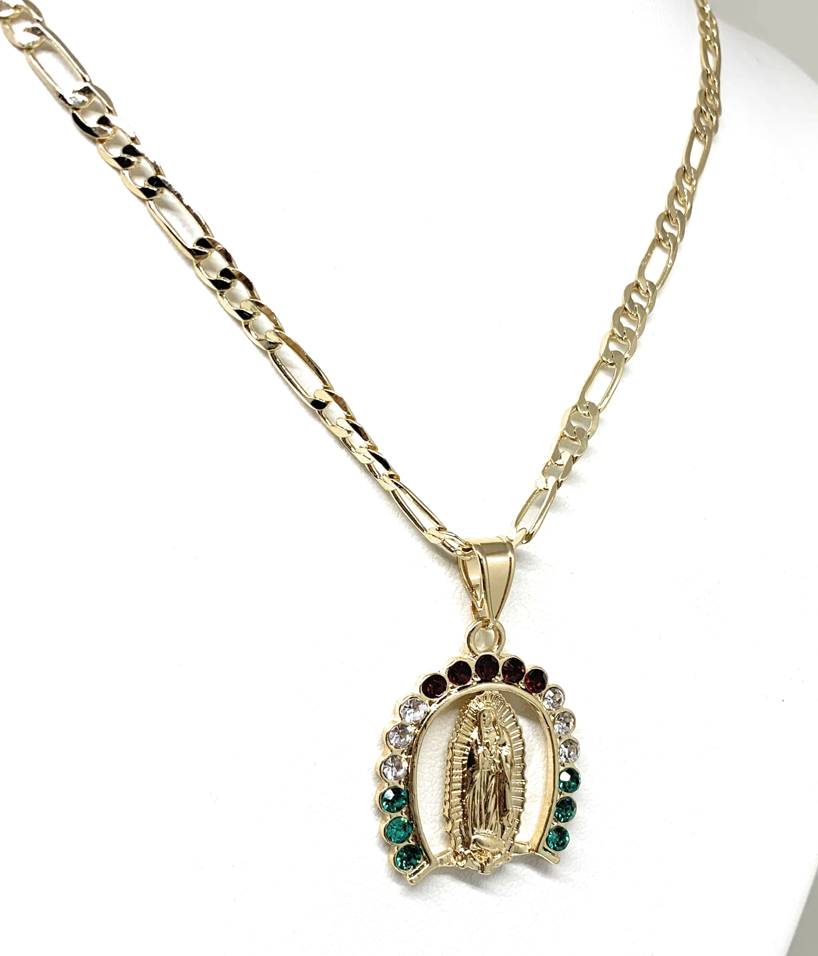 Gold Plated Virgin Mary Colorful CZ Small Horseshoe Pendant Necklace Figaro 24" Virgen de Guadalupe Medalla Oro Laminado - Image 5