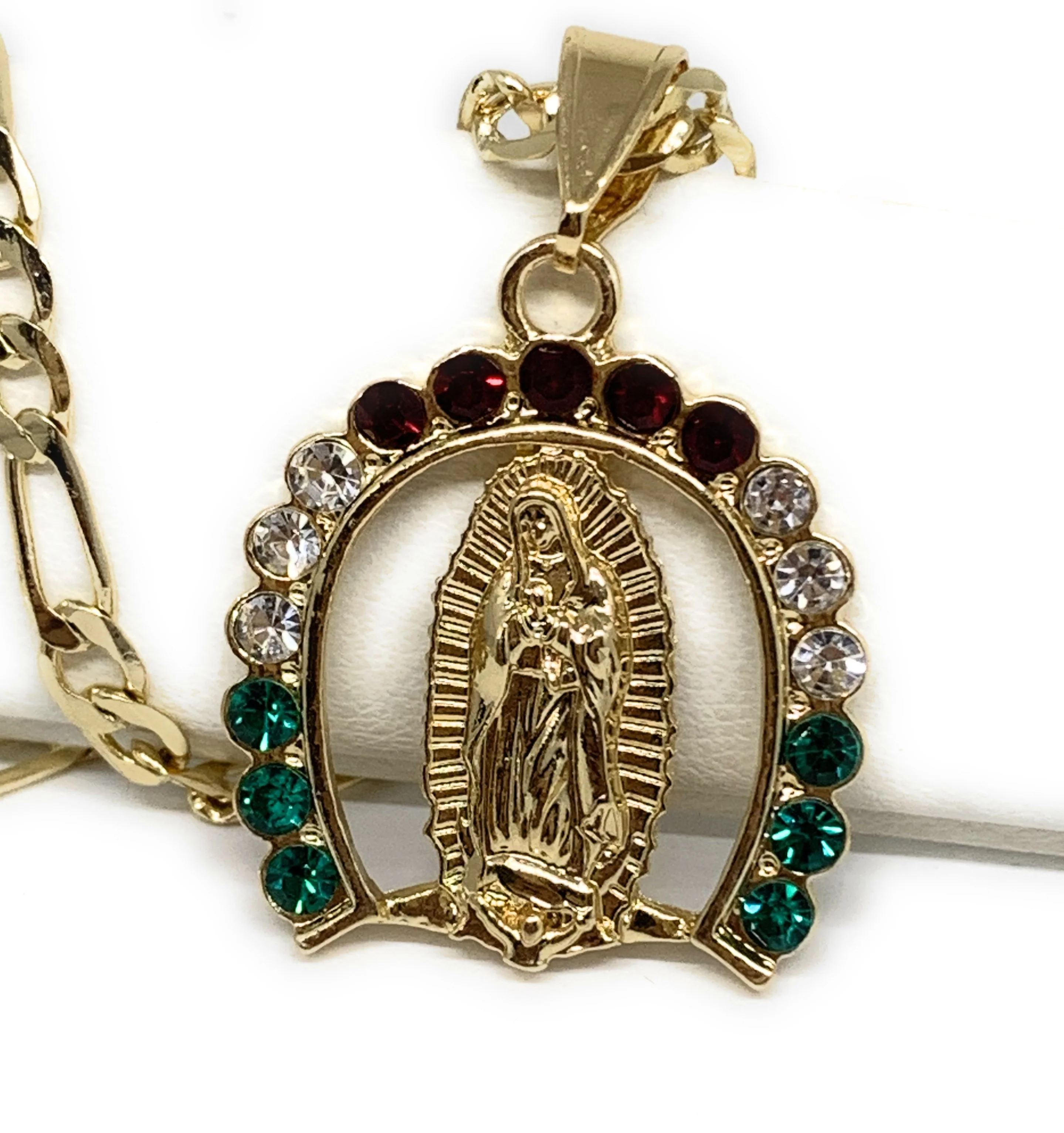 Gold Plated Virgin Mary Colorful CZ Small Horseshoe Pendant Necklace Figaro 24" Virgen de Guadalupe Medalla Oro Laminado - Image 6