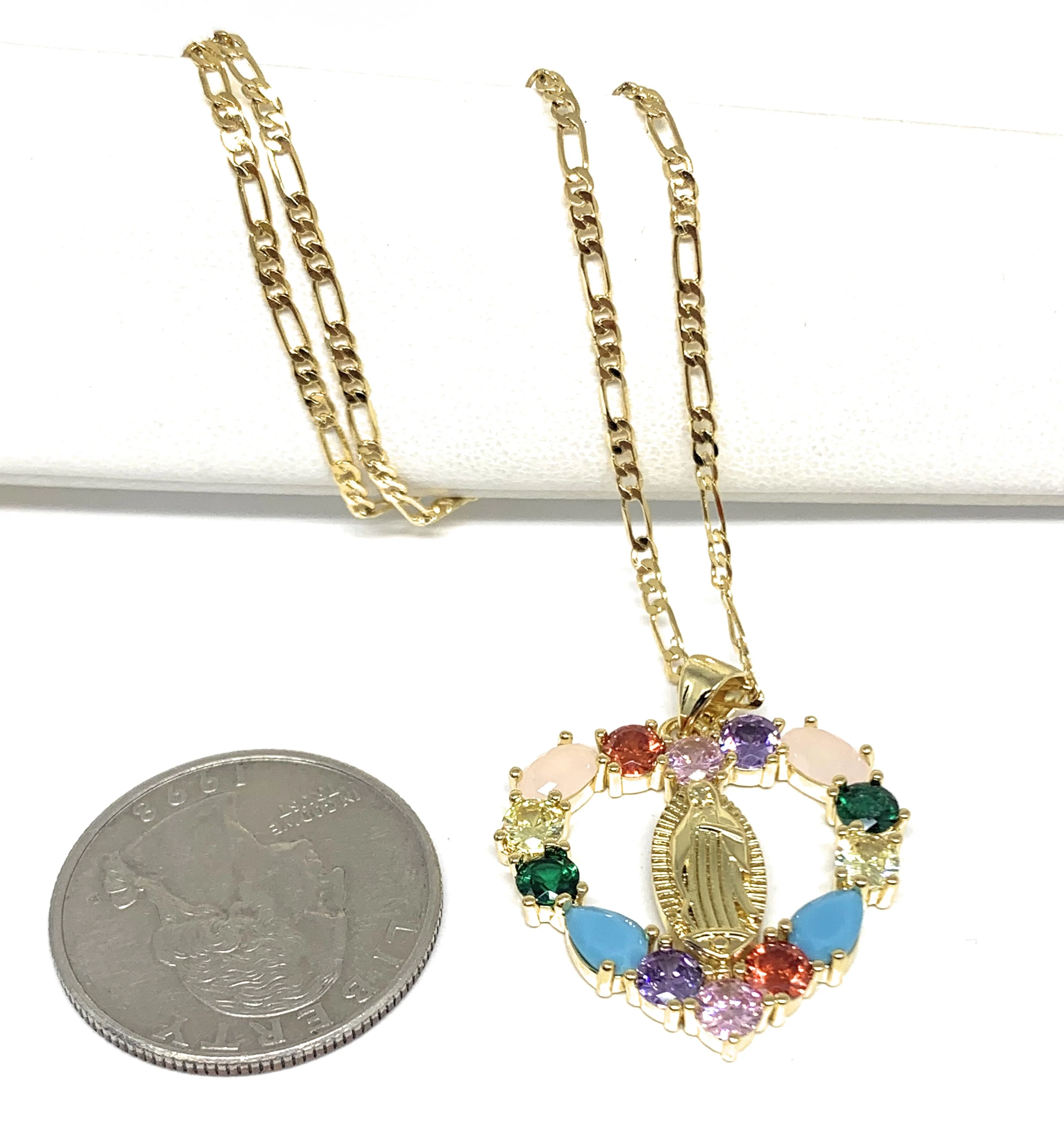 Gold Plated Virgin Mary Colorful Rhinestone Heart Pendant Necklace 20” Virgen de Guadalupe - Image 2