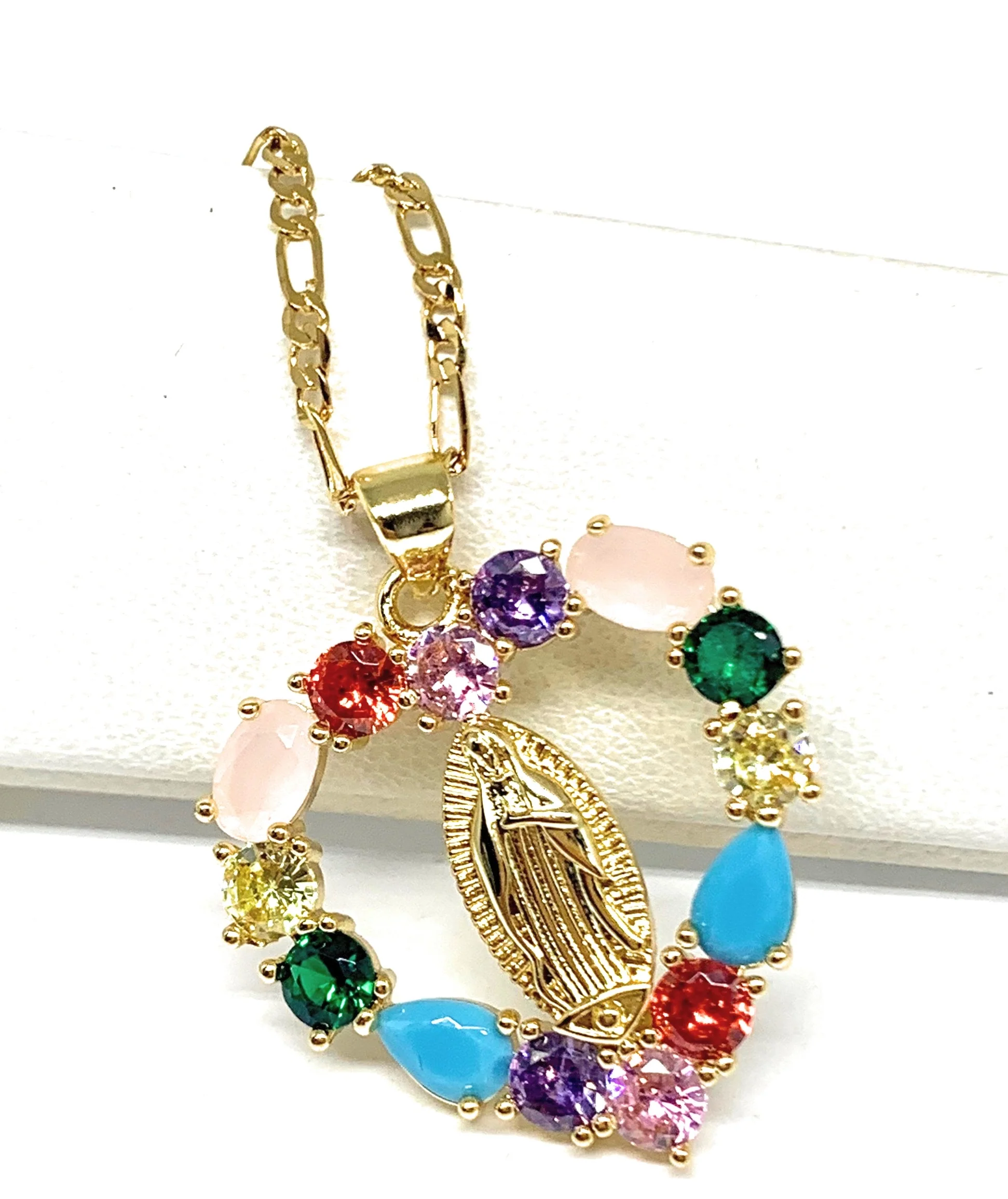 Gold Plated Virgin Mary Colorful Rhinestone Heart Pendant Necklace 20” Virgen de Guadalupe - Image 3