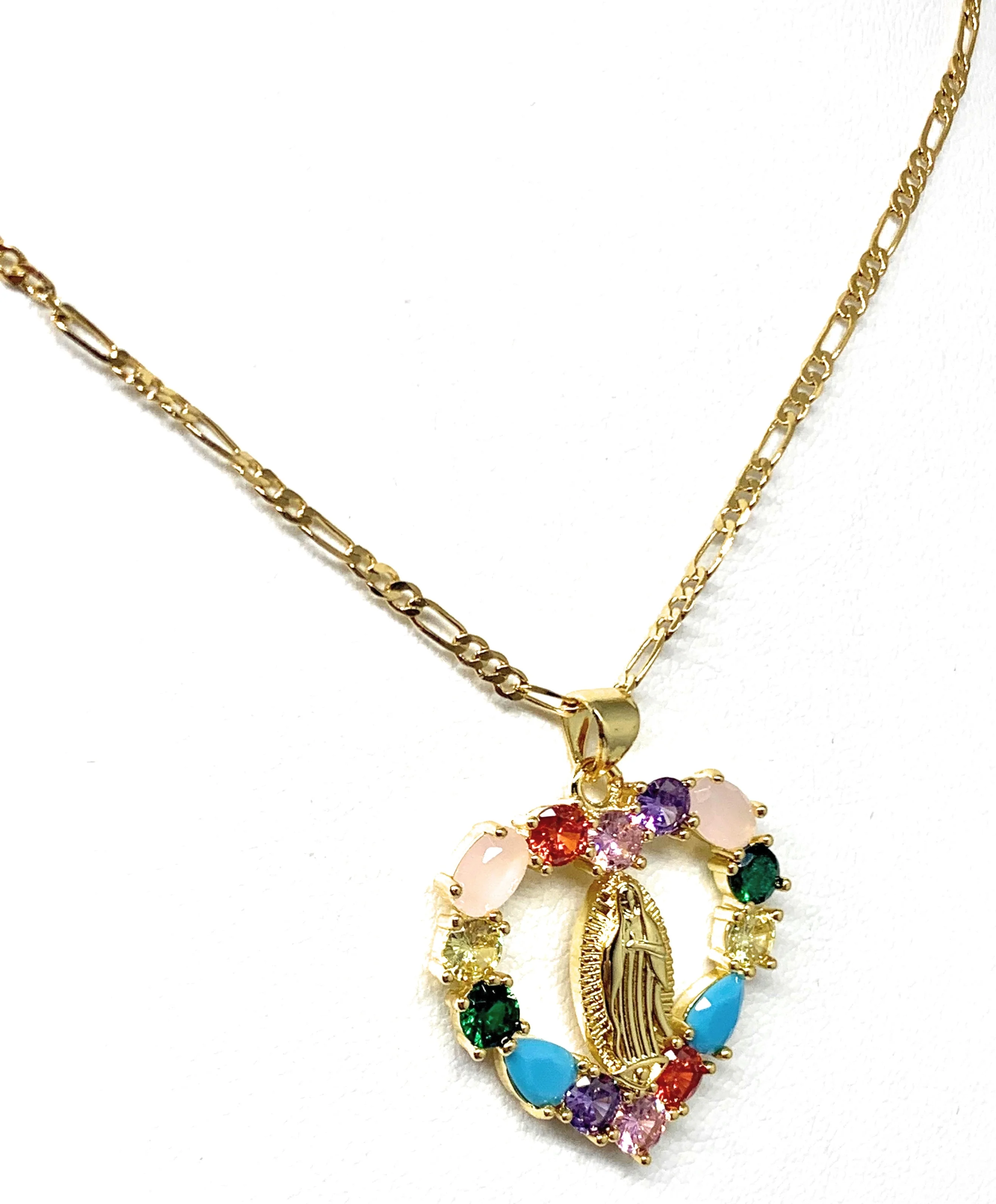 Gold Plated Virgin Mary Colorful Rhinestone Heart Pendant Necklace 20” Virgen de Guadalupe - Image 4