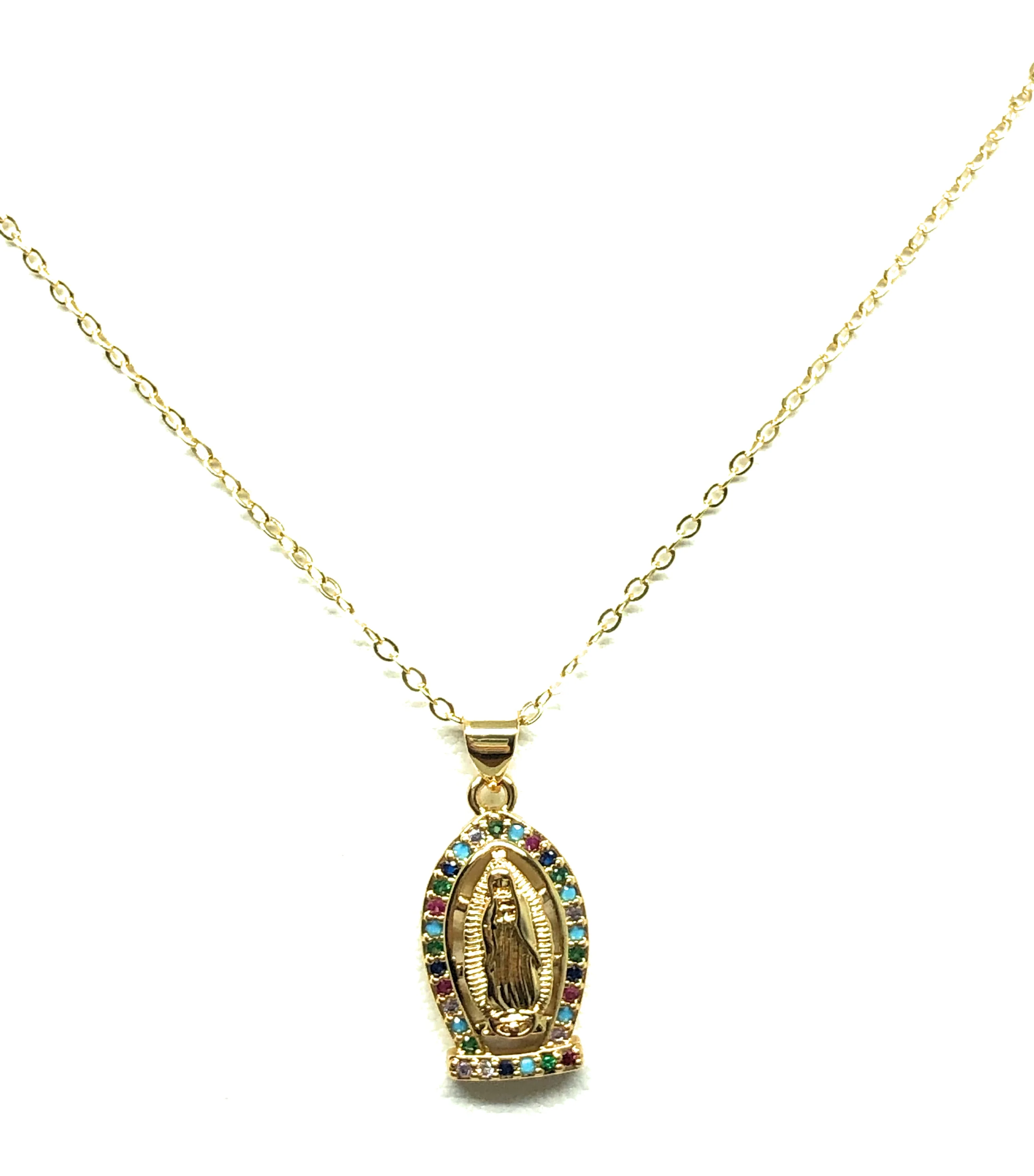 Gold Plated Virgin Mary Colorful Rhinestone Pendant Necklace 20” Virgen de Guadalupe - Image 4