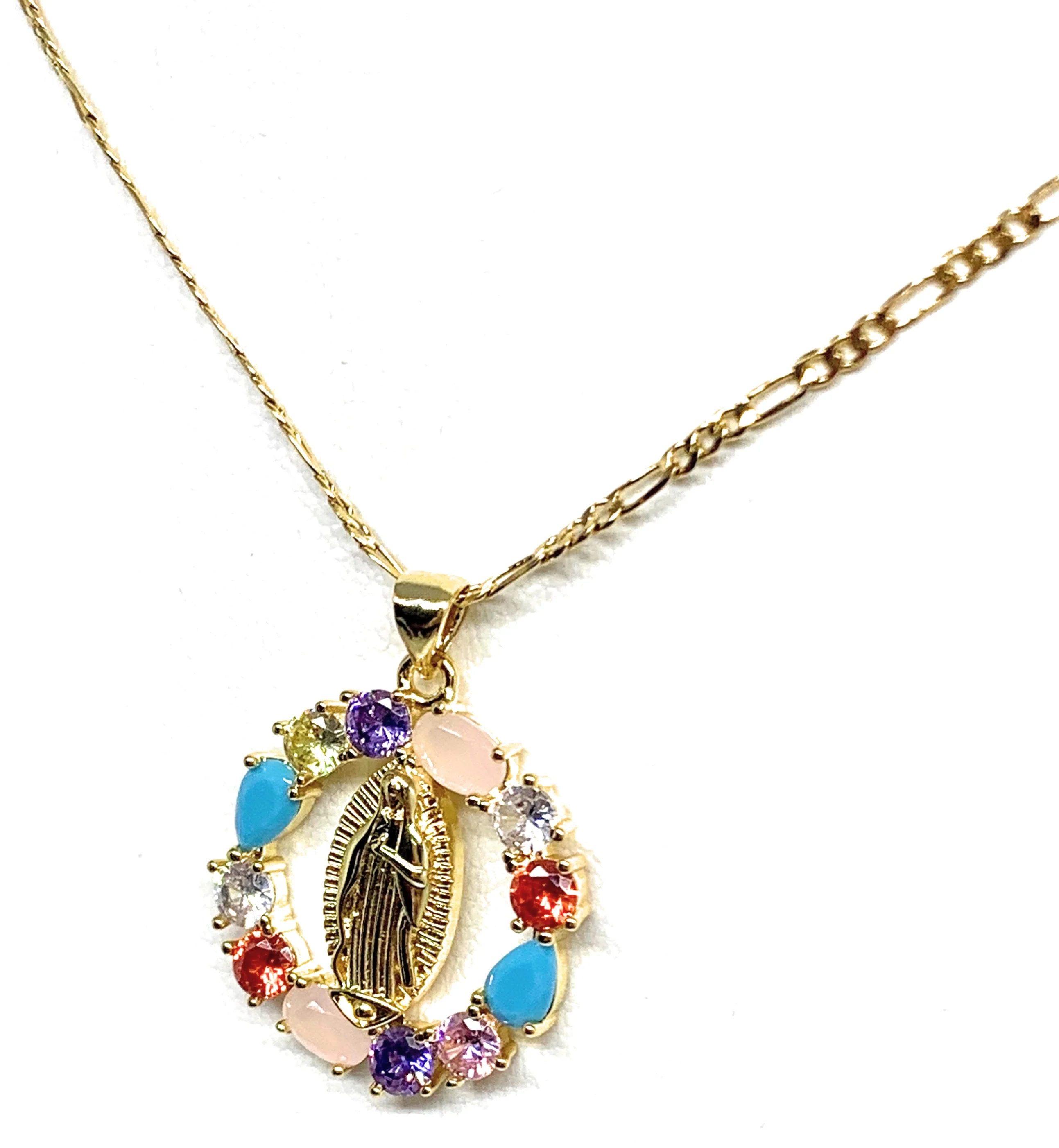 Gold Plated Virgin Mary Colorful Rhinestone Round Pendant Necklace 20” Virgen de Guadalupe - Image 4
