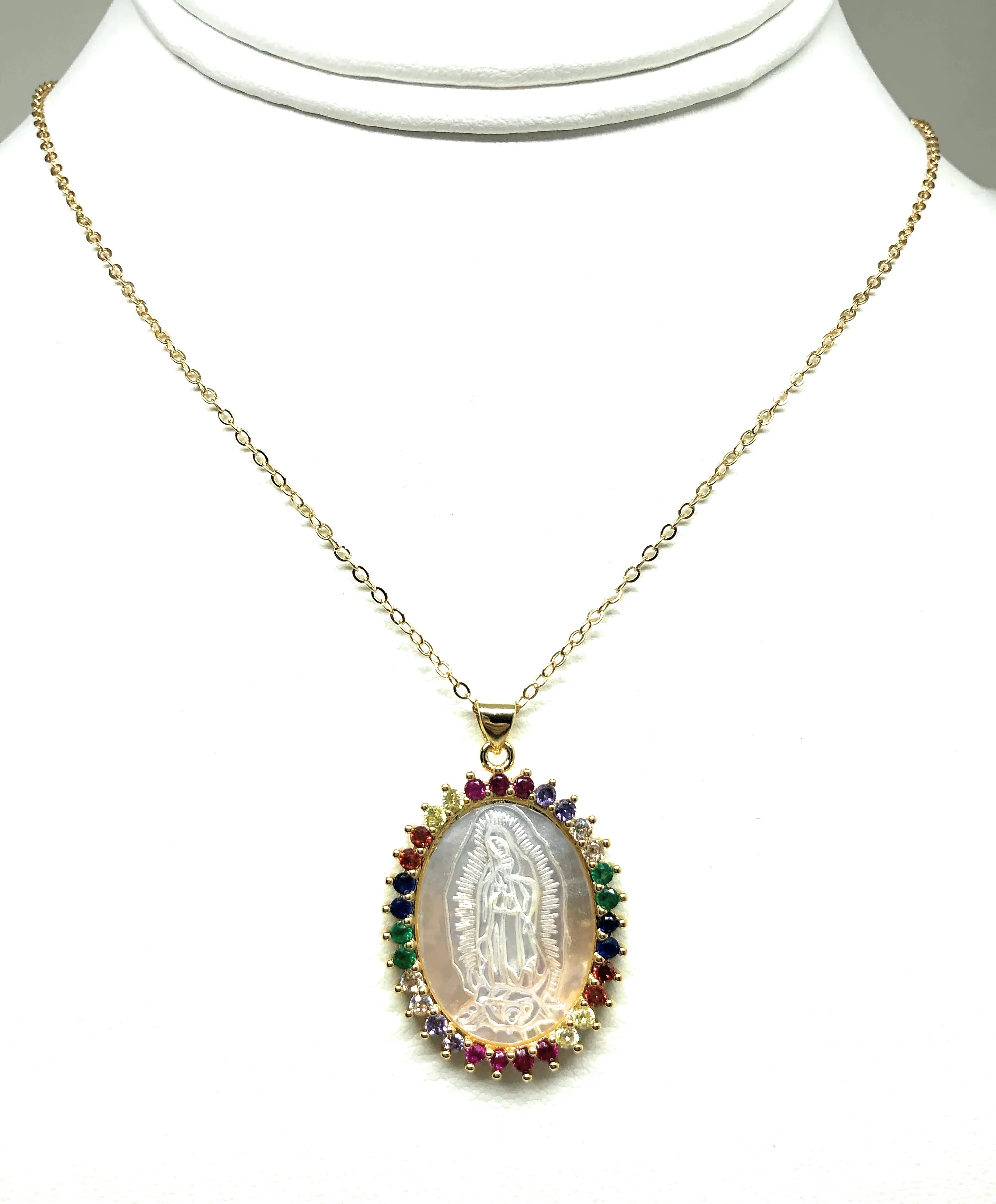 Gold Plated Virgin Mary Colorful Shell Style Pendant Necklace 20” Virgen de Guadalupe - Image 4